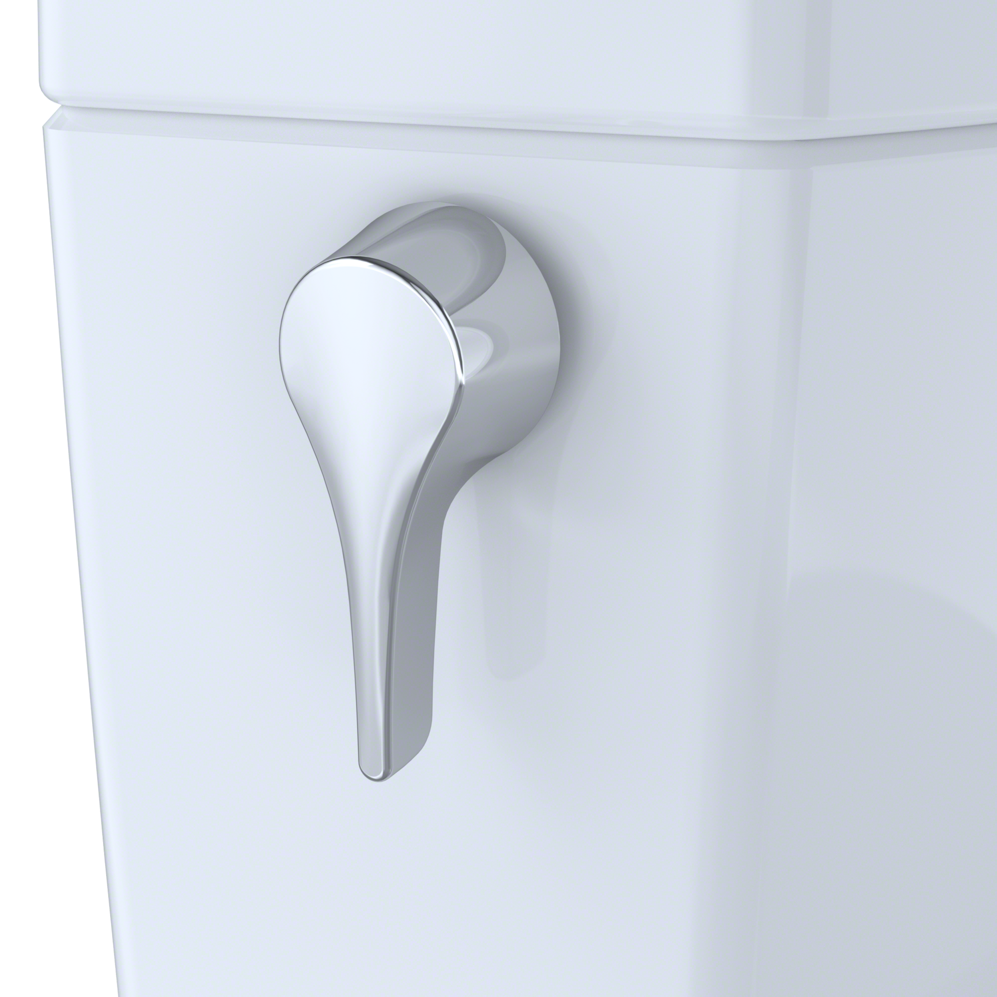 Cotton white two-piece toilet with integrated bidet seat and chrome lever handle mounted on tank side.