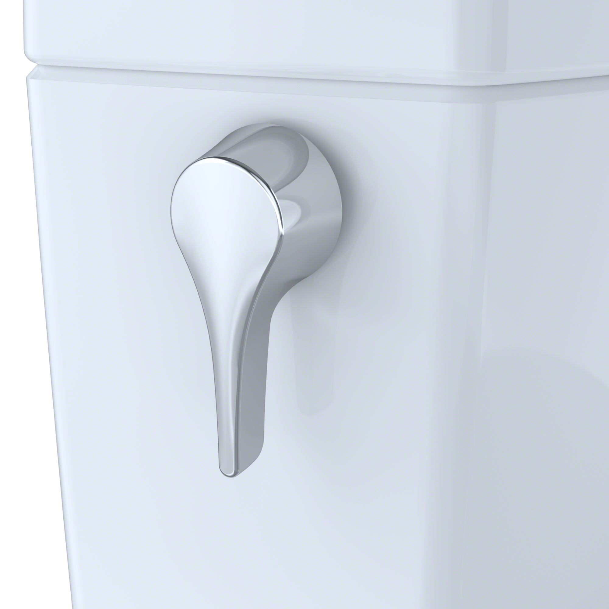 Cotton white two-piece toilet with integrated bidet seat and chrome lever handle mounted on tank side.