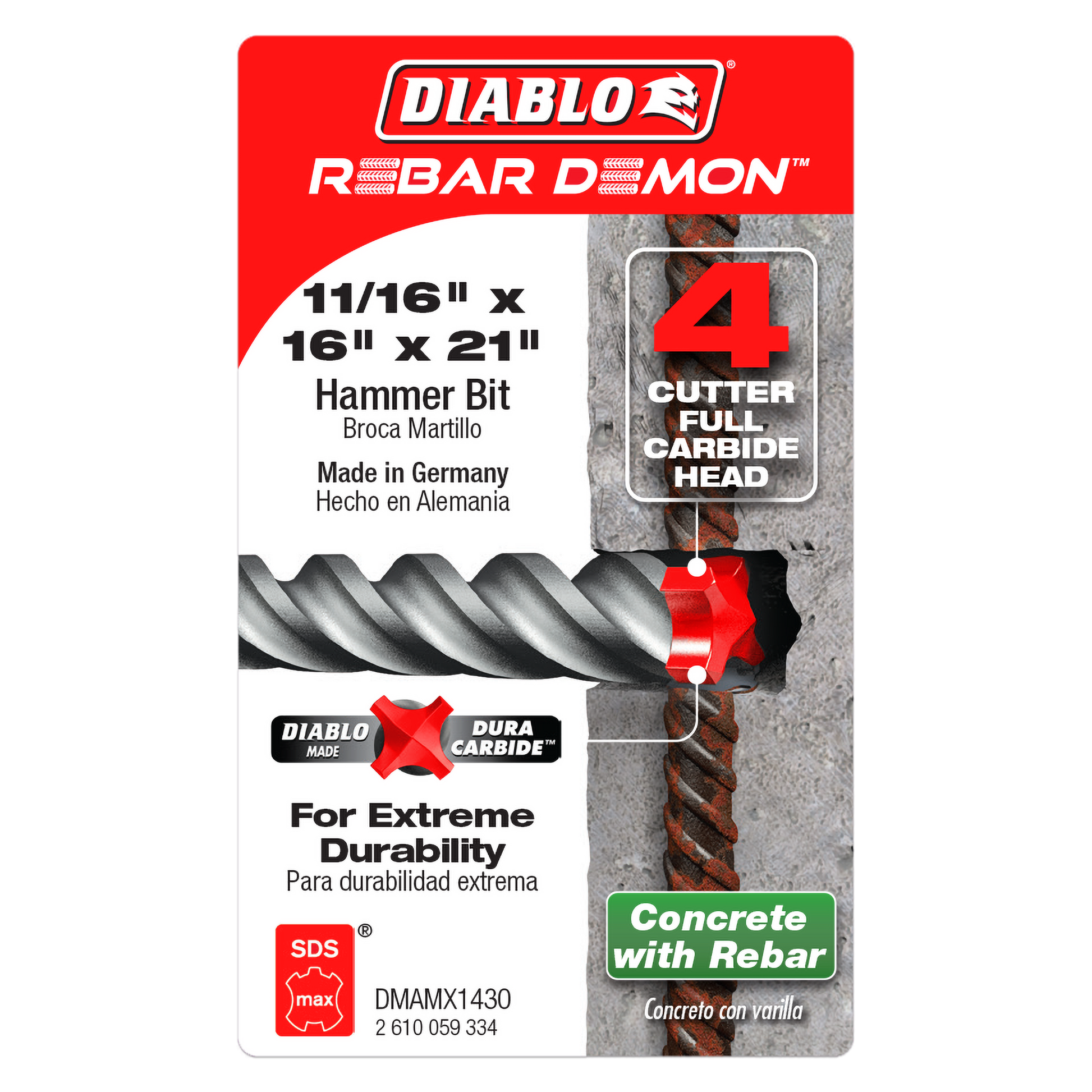 Diablo Rebar Demon SDS-Max hammer drill bit with 4 carbide cutters, 11/16" x 16" x 21", displayed on packaging showing concre