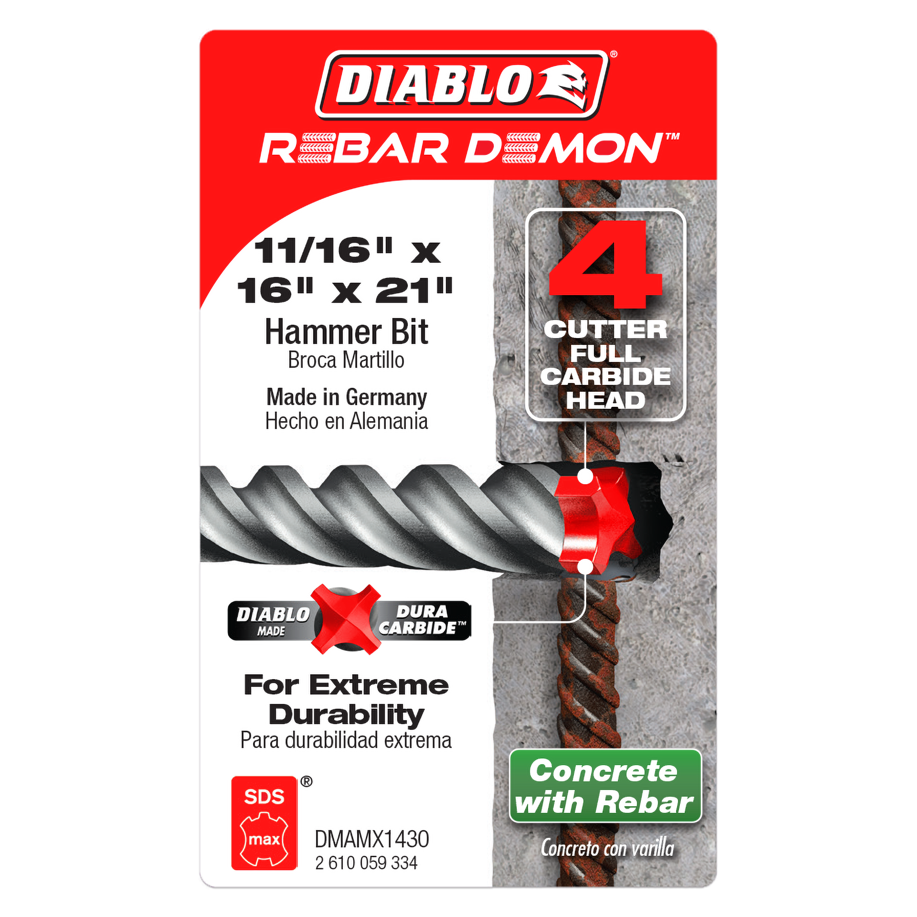 Diablo Rebar Demon SDS-Max hammer drill bit with 4 carbide cutters, 11/16" x 16" x 21", displayed on packaging showing concre