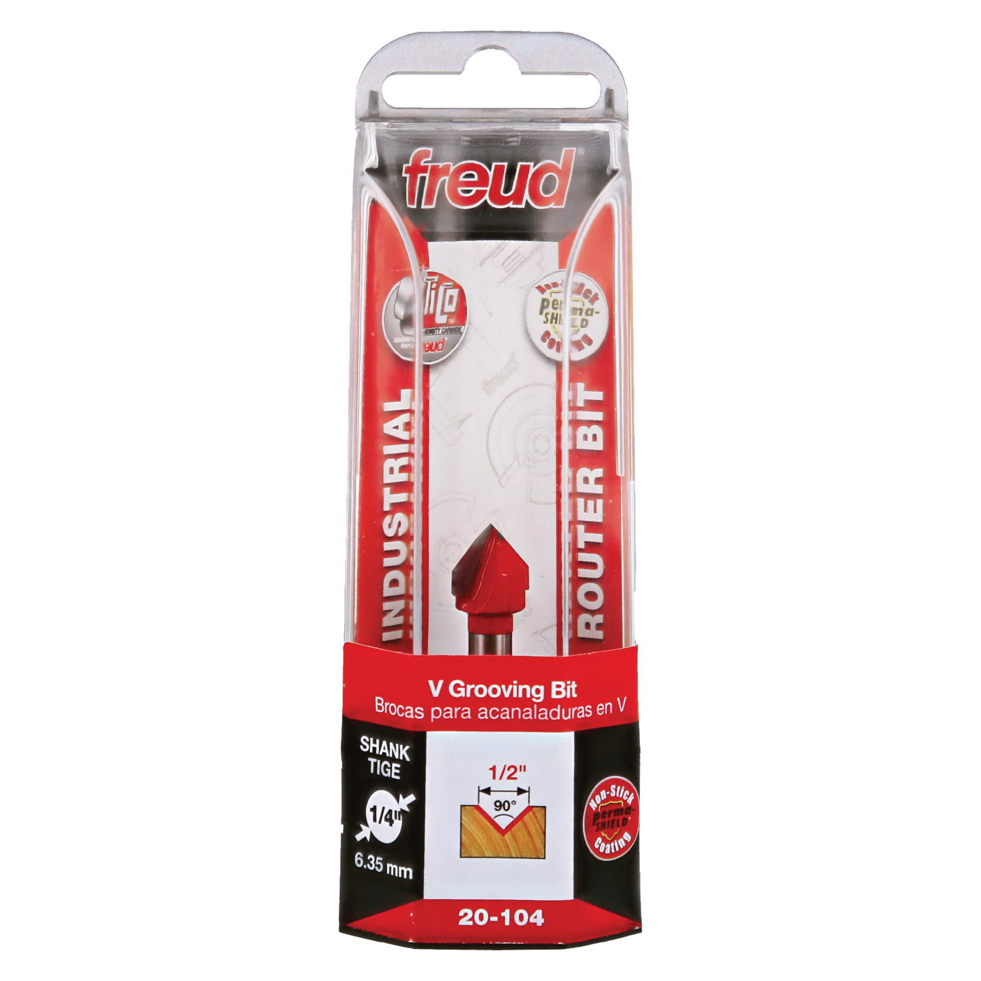Freud V grooving router bit with red cutting head and 1/4" shank in clear plastic packaging.