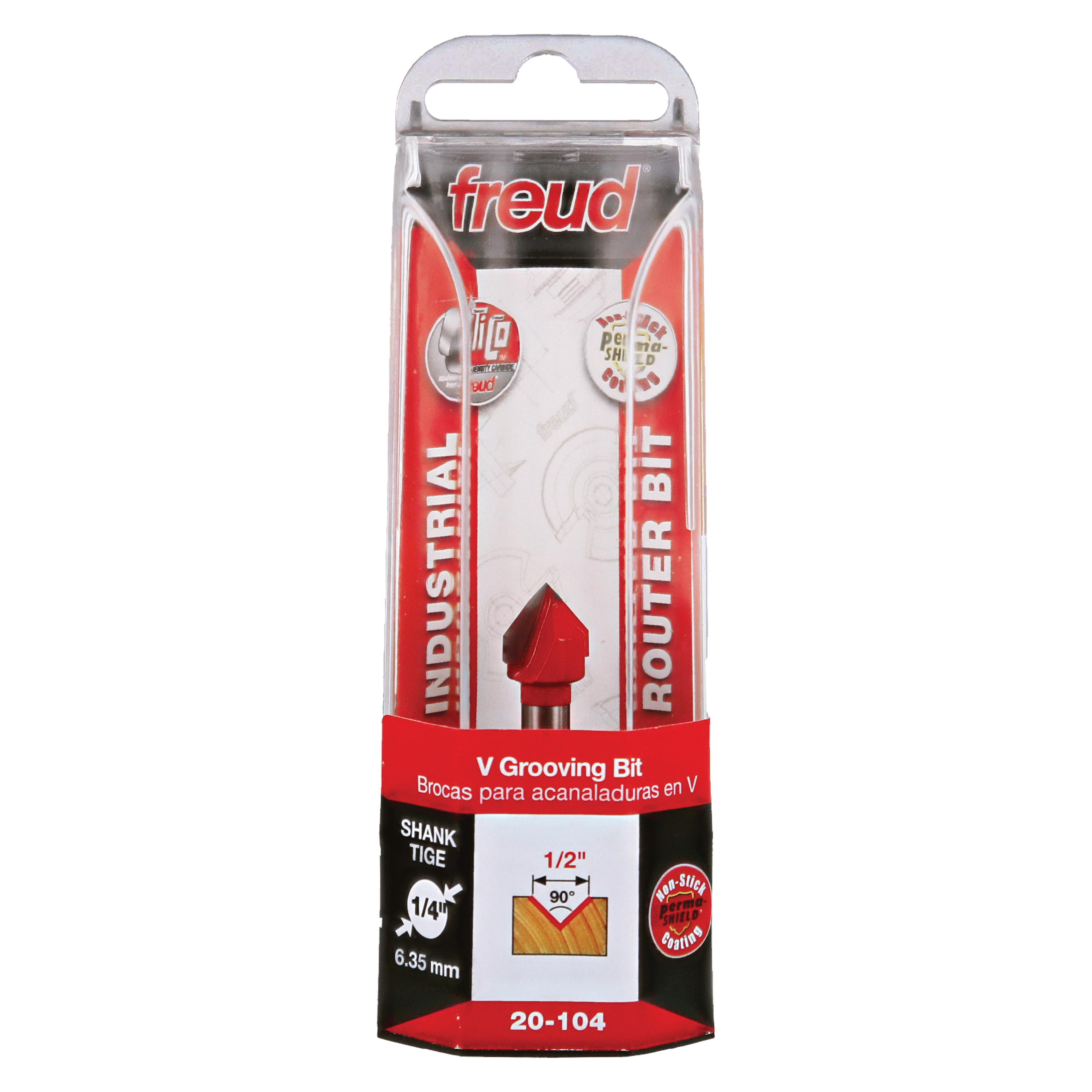 Freud V grooving router bit with red cutting head and 1/4" shank in clear plastic packaging.