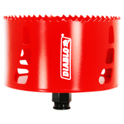 Red cylindrical hole saw with serrated cutting edge and black shank attachment, Diablo brand logo visible.