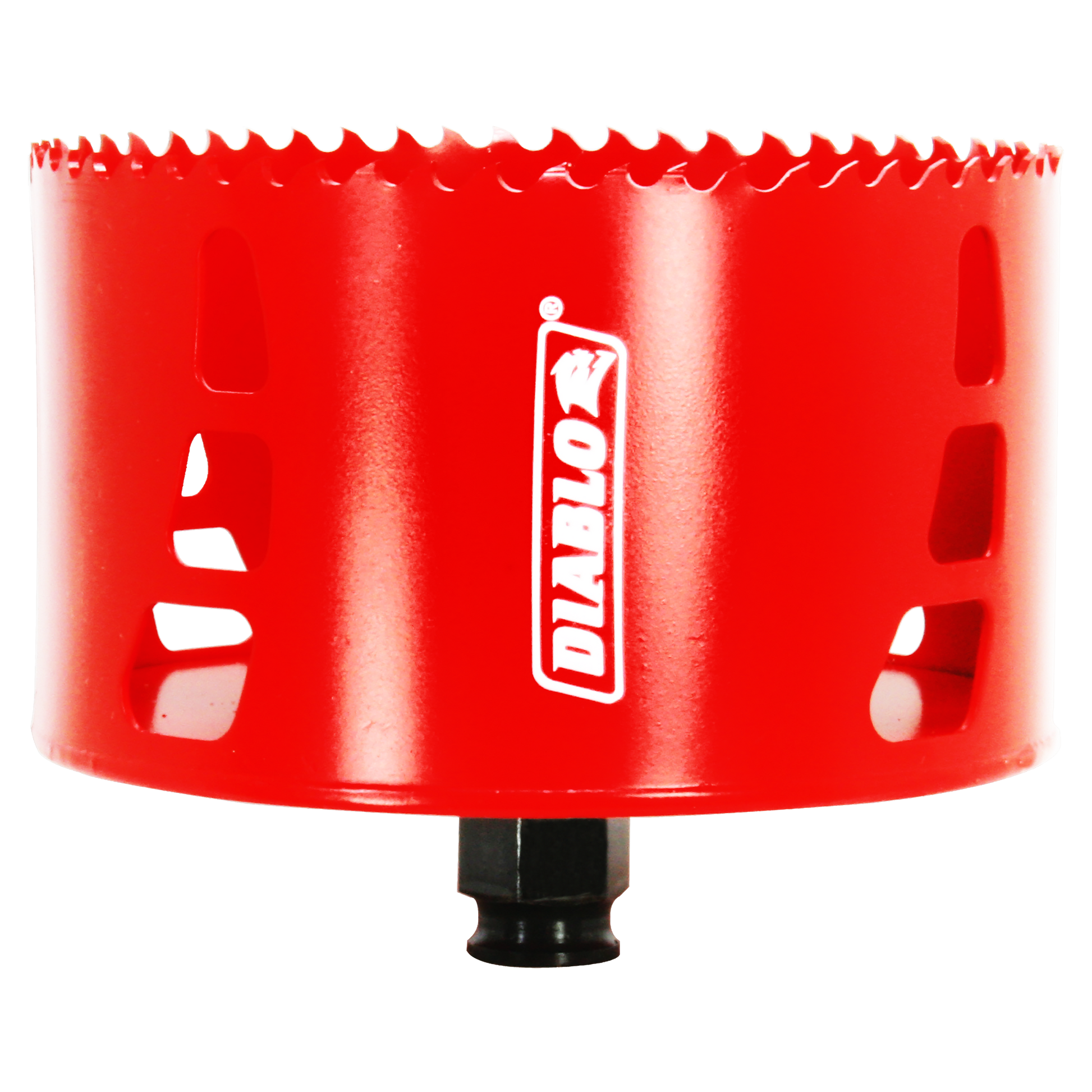 Red cylindrical hole saw with serrated cutting edge and black shank attachment, Diablo brand logo visible.
