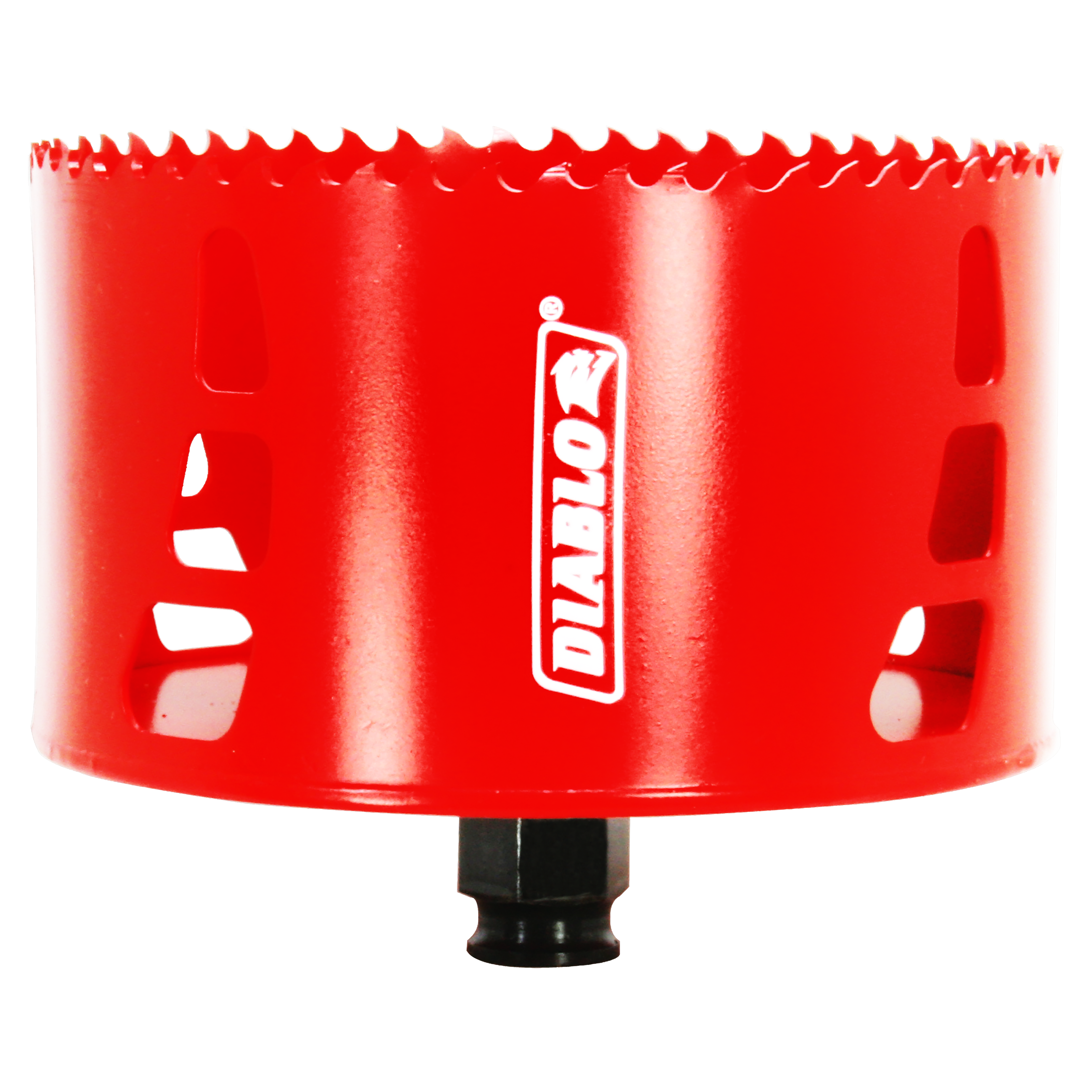 Red cylindrical hole saw with serrated cutting edge and black shank attachment, Diablo brand logo visible.