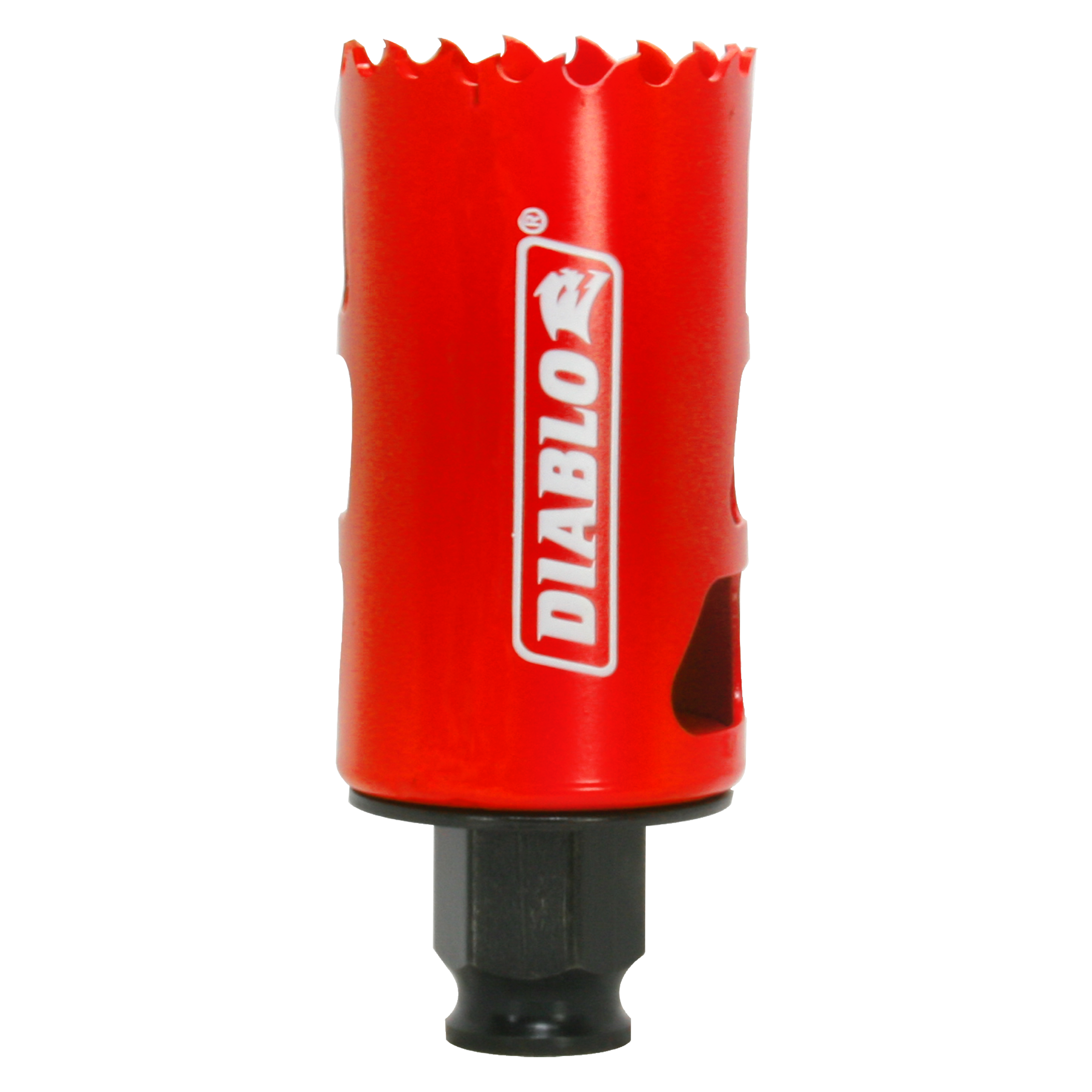 Red Diablo hole saw with serrated cutting edges and black arbor attachment on white background.