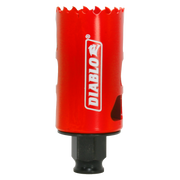 Red Diablo hole saw with serrated cutting edge and black shank, 1-1/2 inch diameter.