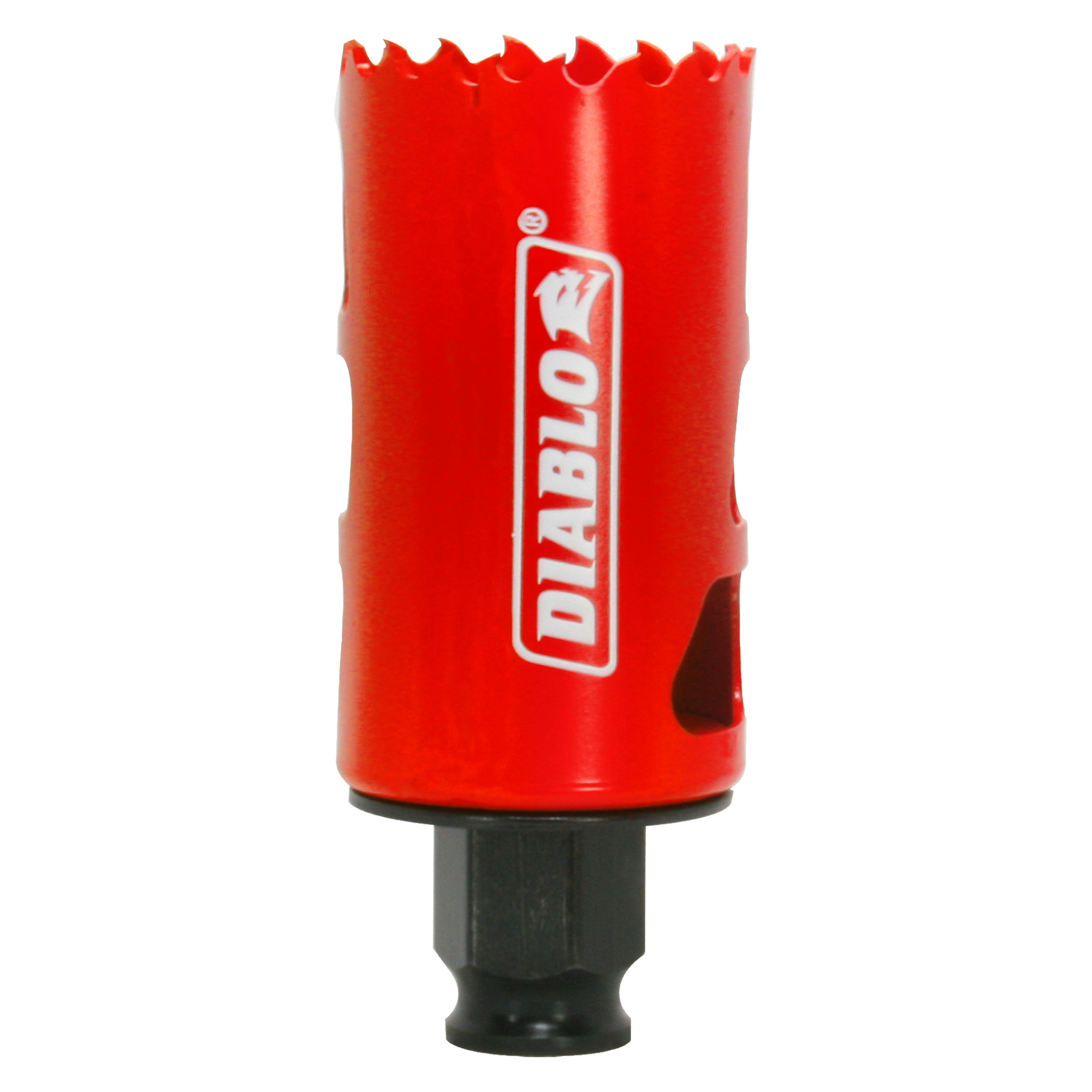 Red Diablo hole saw with serrated cutting edge and black shank, 1-1/2 inch diameter.