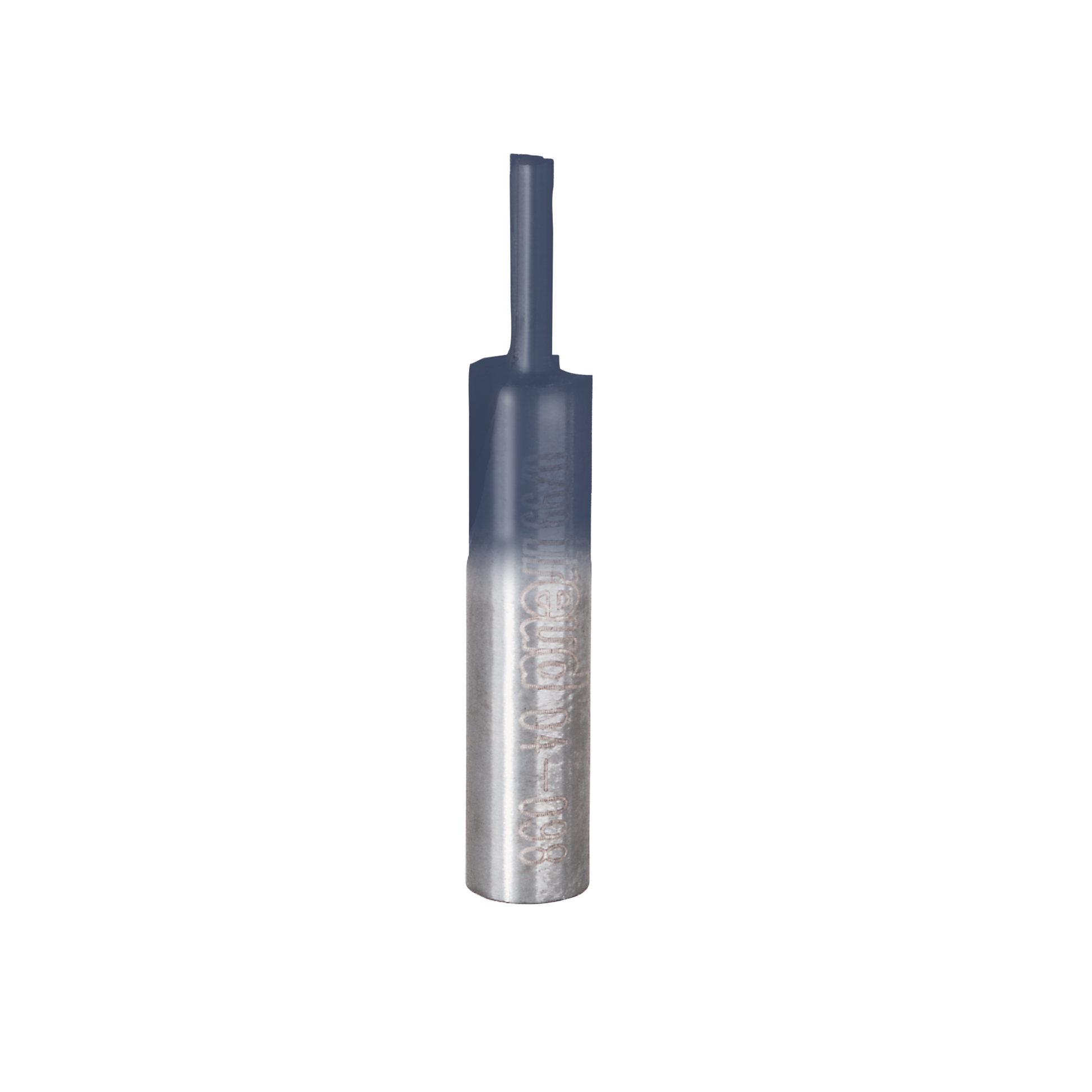 Silver and dark gray straight router bit with two flutes and cylindrical shank on white background.