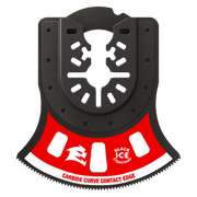 Black and red oscillating blade with carbide teeth edge and universal fit mounting holes.