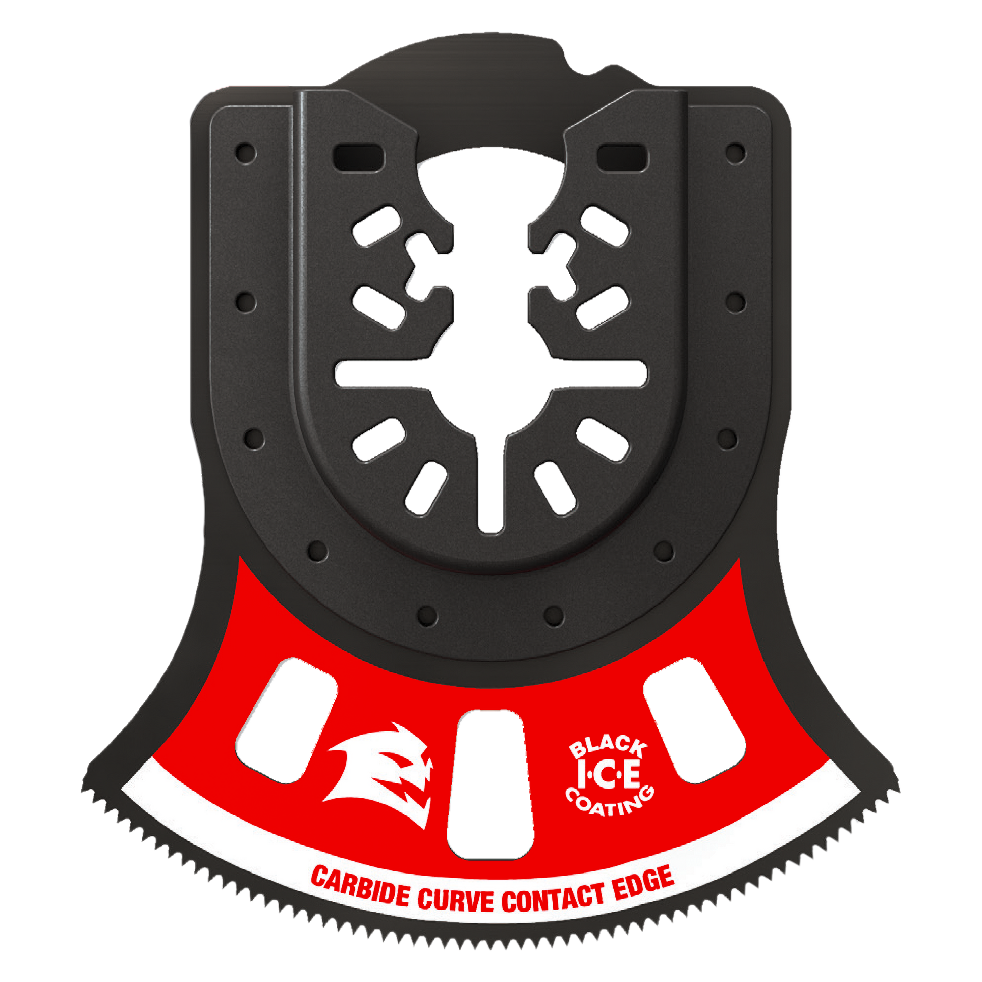 Black and red oscillating blade with carbide teeth edge and universal fit mounting holes.