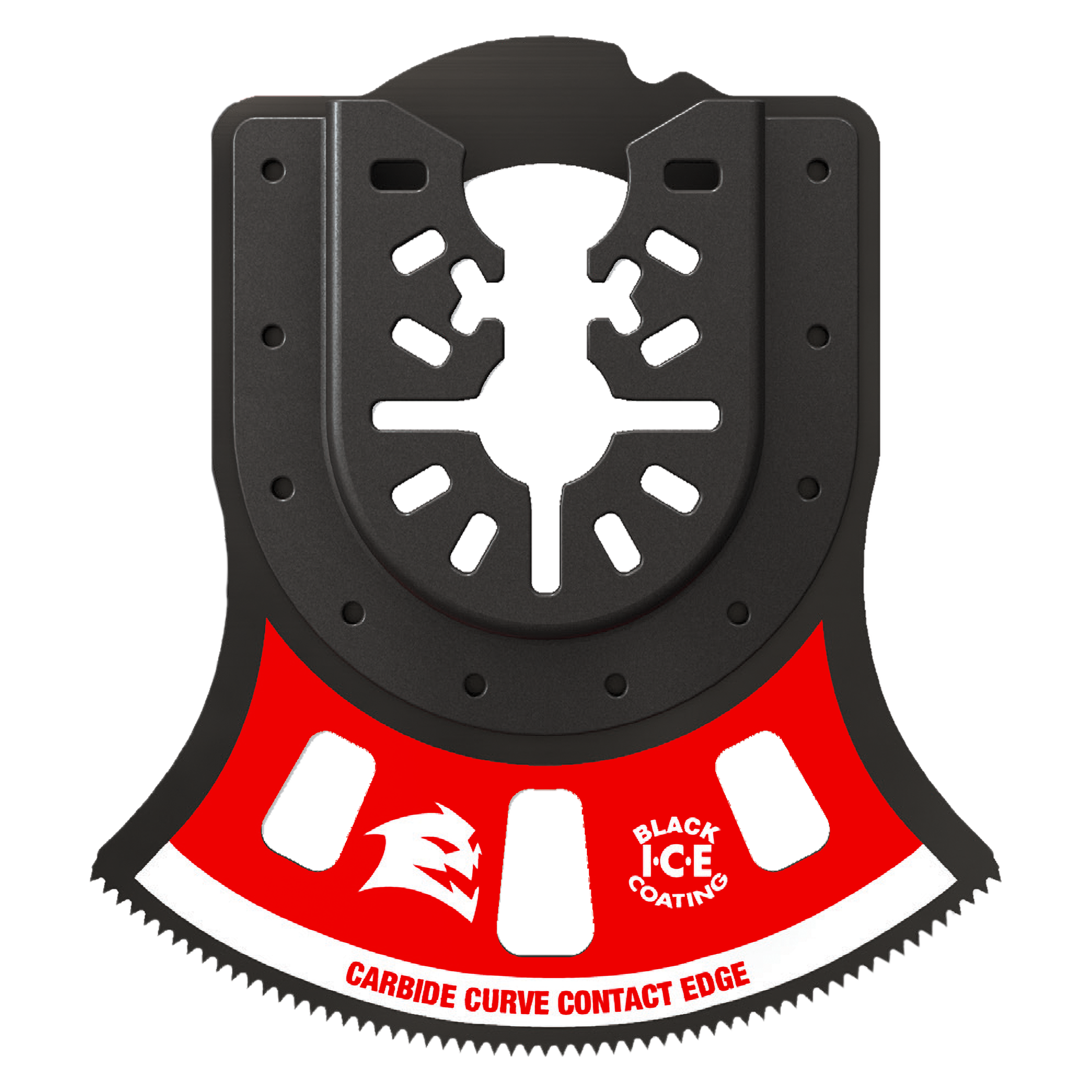 Black and red oscillating blade with carbide teeth edge and universal fit mounting holes.