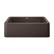 Cafe brown apron front kitchen sink with rounded rectangular basin and curved sides.