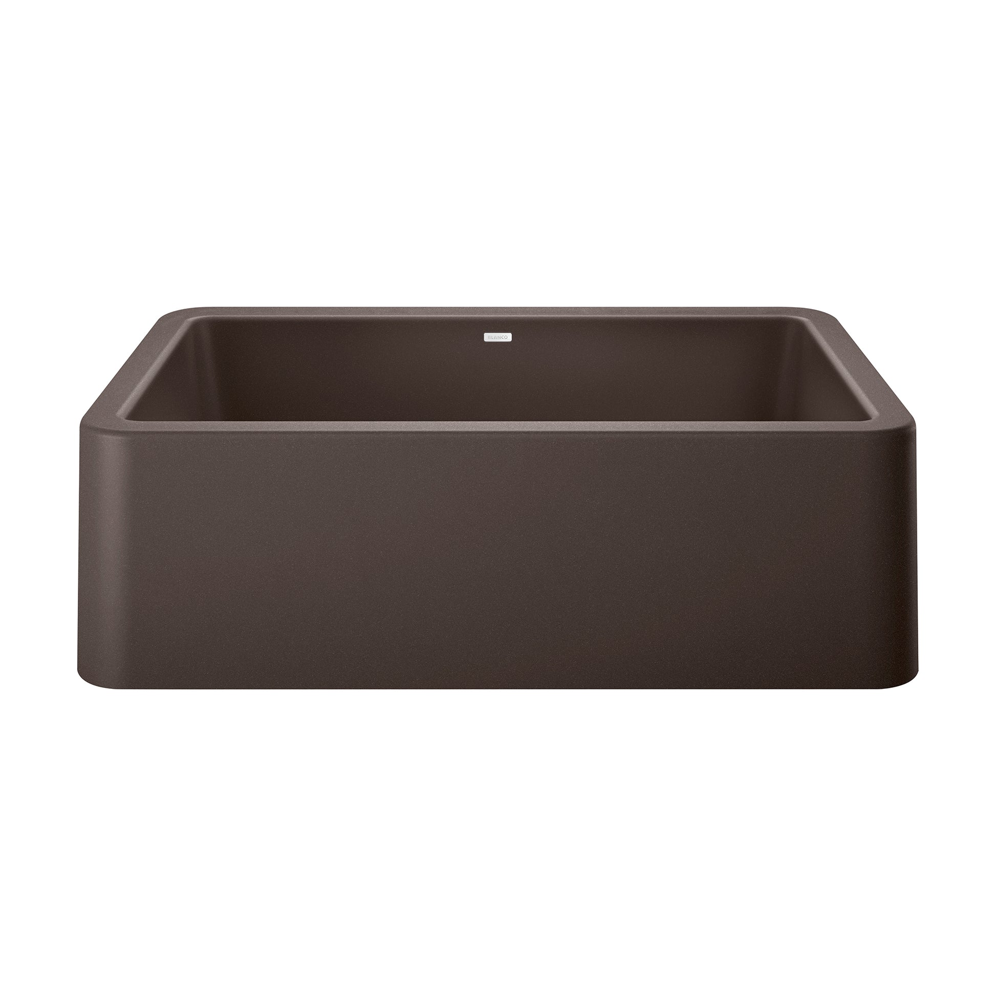 Cafe brown apron front kitchen sink with rounded rectangular basin and curved sides.