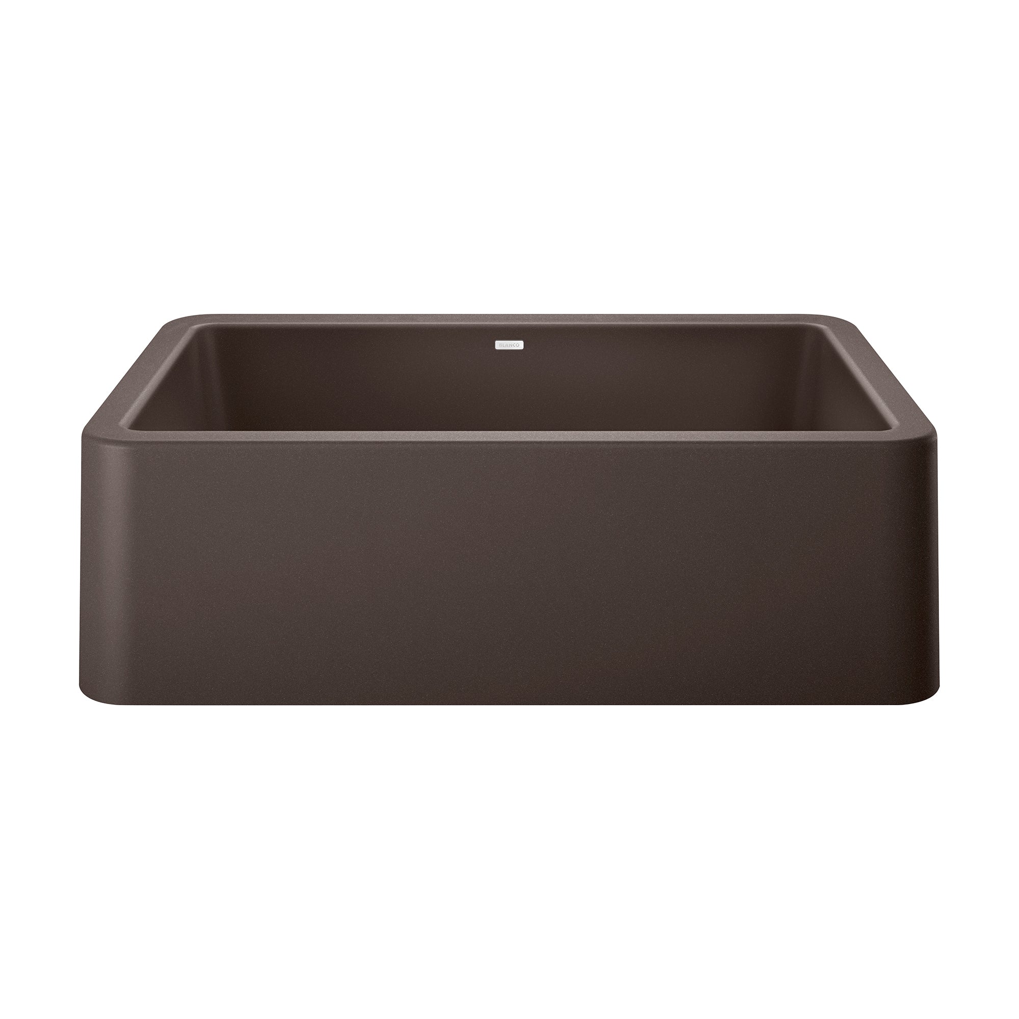 Cafe brown apron front kitchen sink with rounded rectangular basin and curved sides.