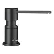Matte black soap dispenser with cylindrical body and angled pump lever.