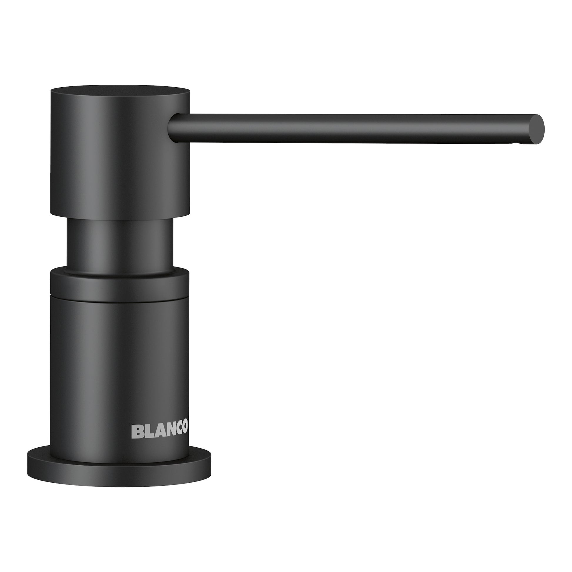 Matte black soap dispenser with cylindrical body and angled pump lever.