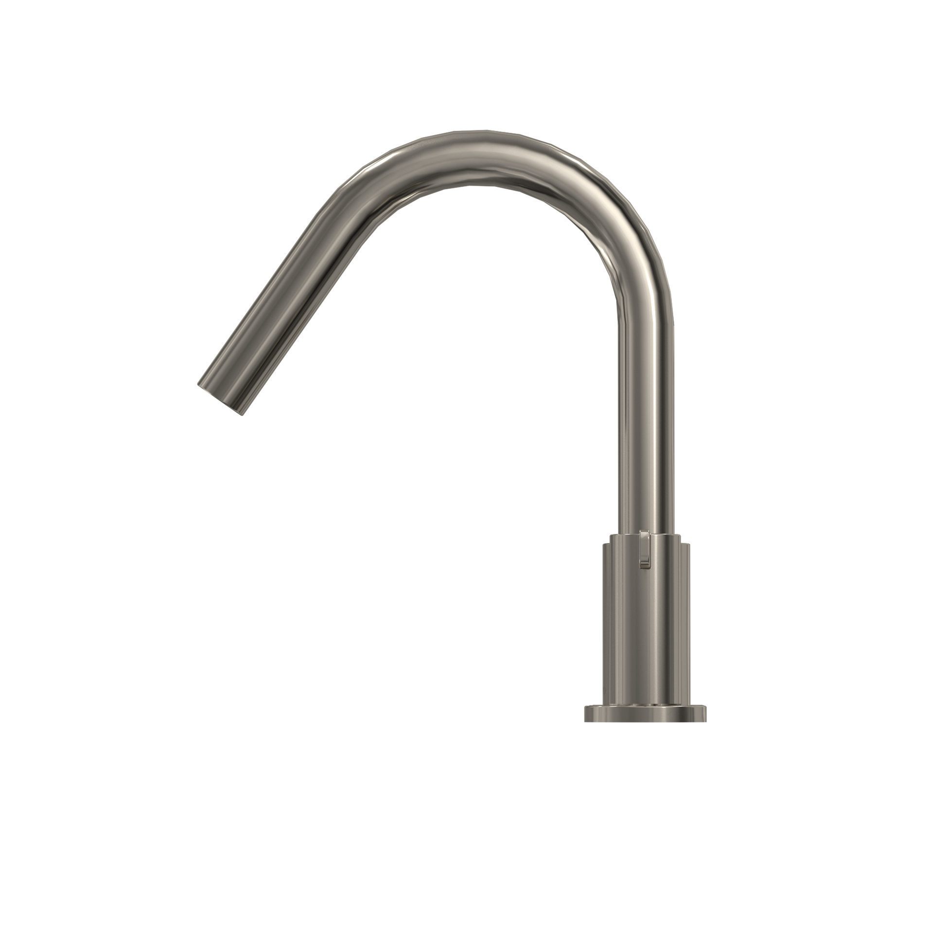 Polished nickel curved spout with cylindrical base and angled outlet for tub filling.