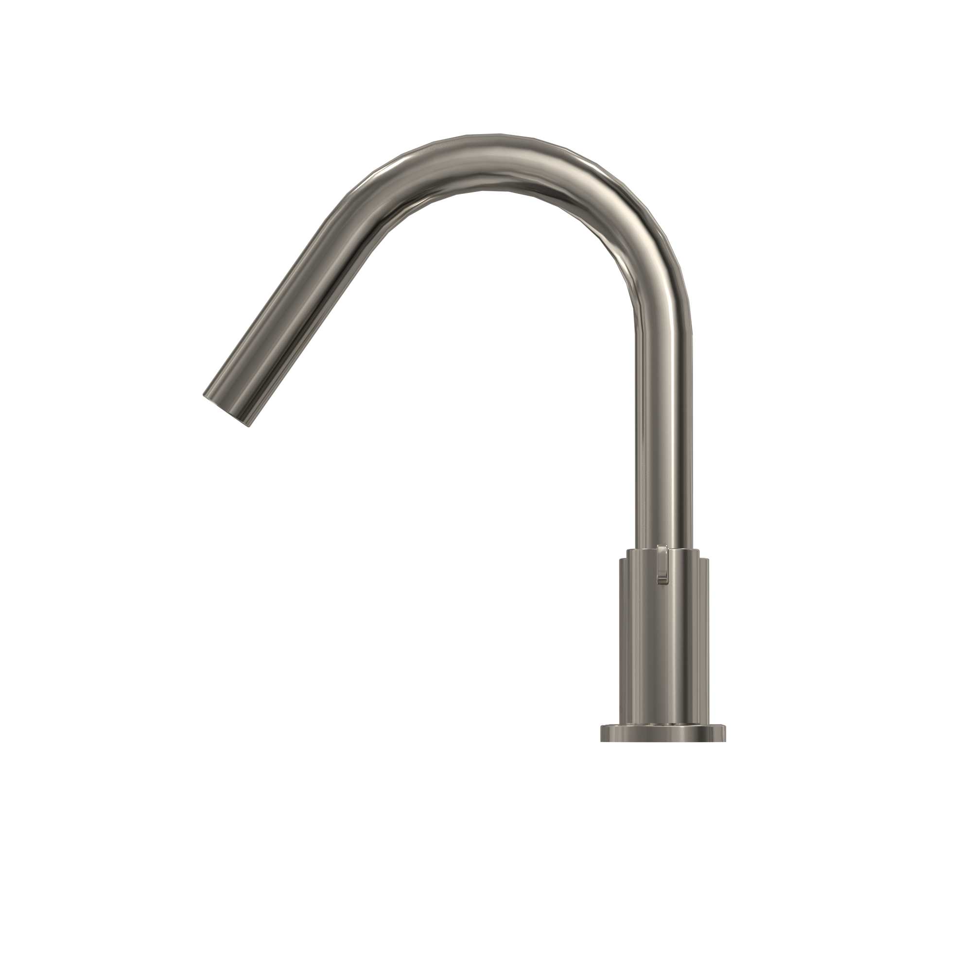 Polished nickel curved spout with cylindrical base and angled outlet for tub filling.