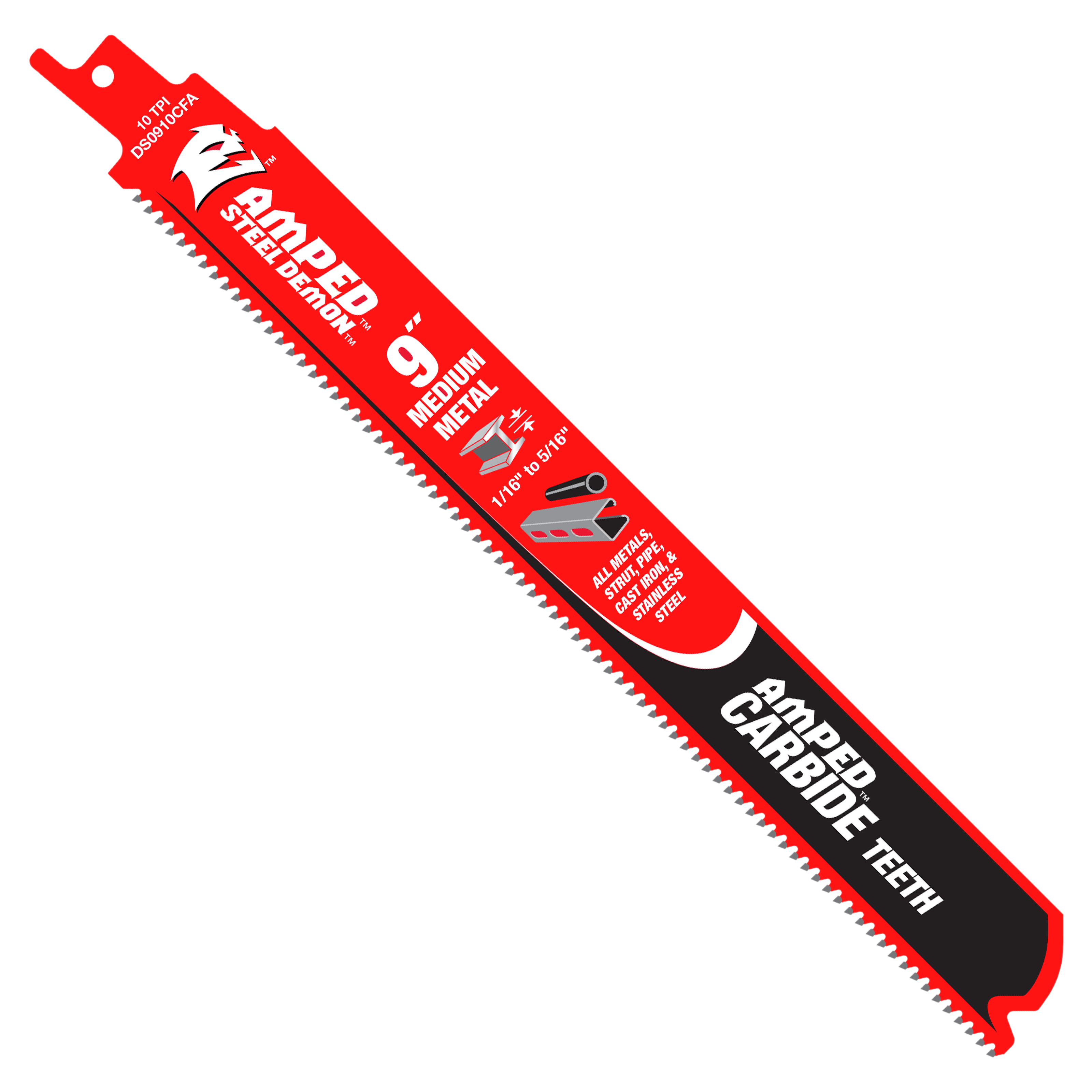 Red and black reciprocating saw blade with carbide teeth and mounting hole for medium metal cutting.