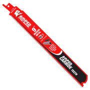 Red and black 9-inch reciprocating saw blade with carbide teeth and mounting notch at top.