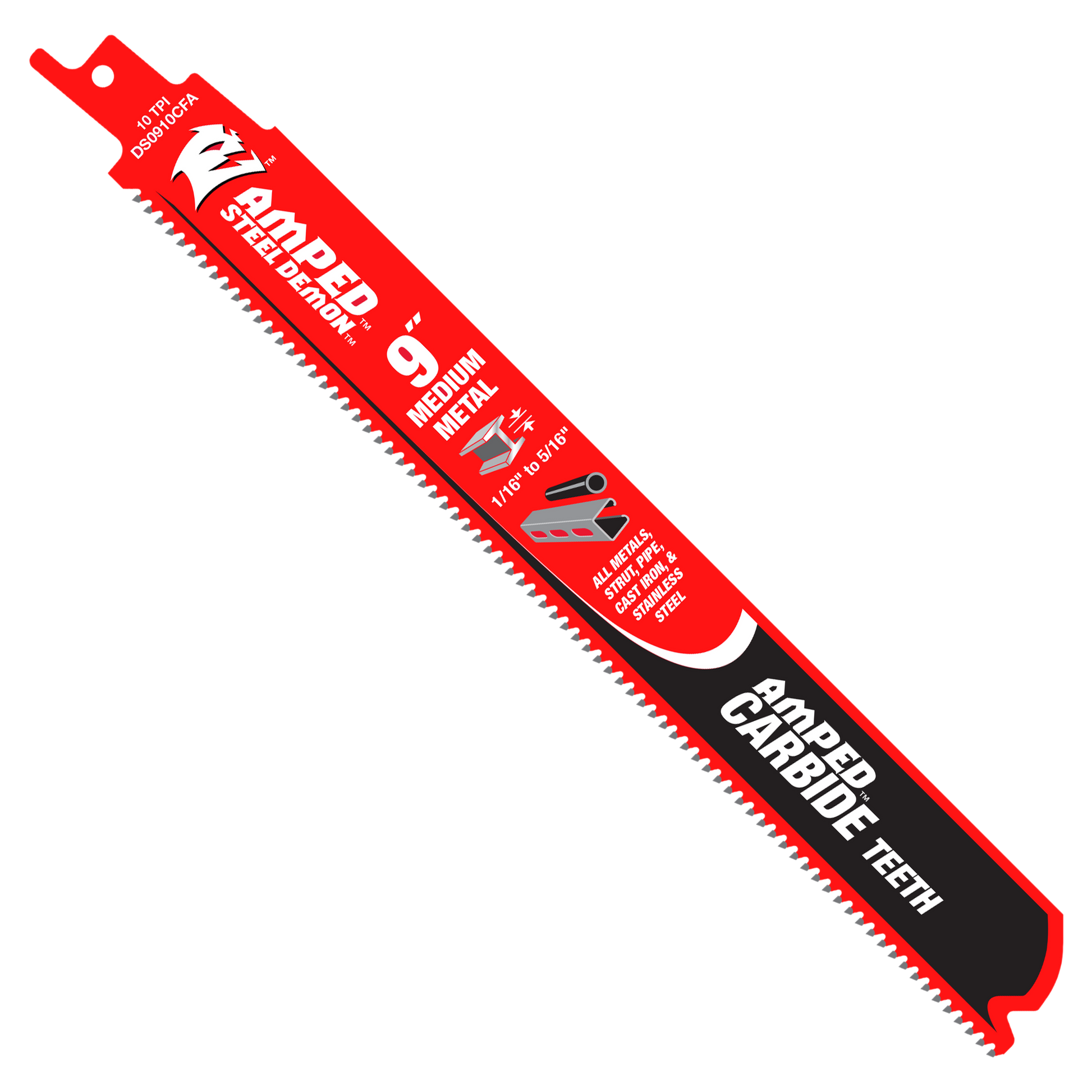 Red and black 9-inch reciprocating saw blade with carbide teeth and mounting notch at top.