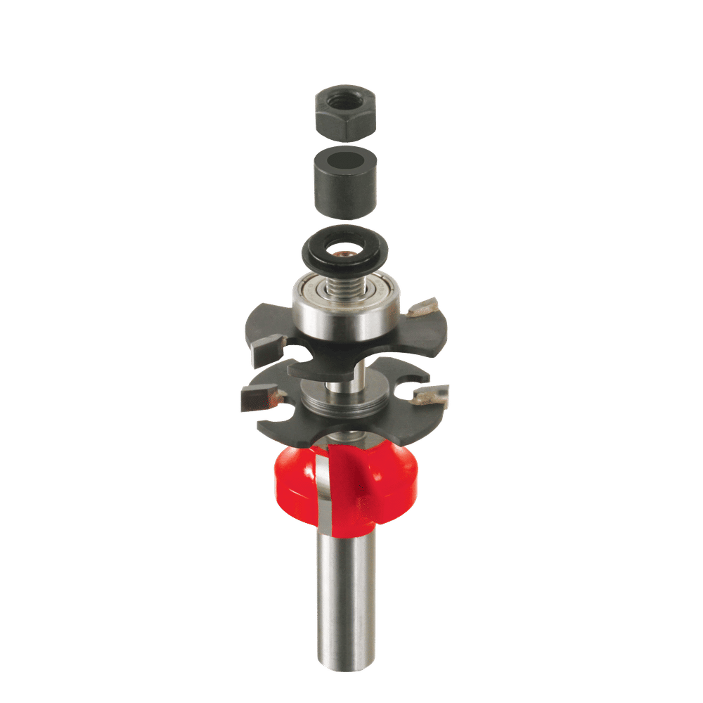 Freud adjustable rail and stile router bit with red round-over cutter and interchangeable components stacked above.