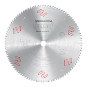 Circular saw blade with carbide teeth around perimeter, central arbor hole, and "Freud" branding with red curved line marking