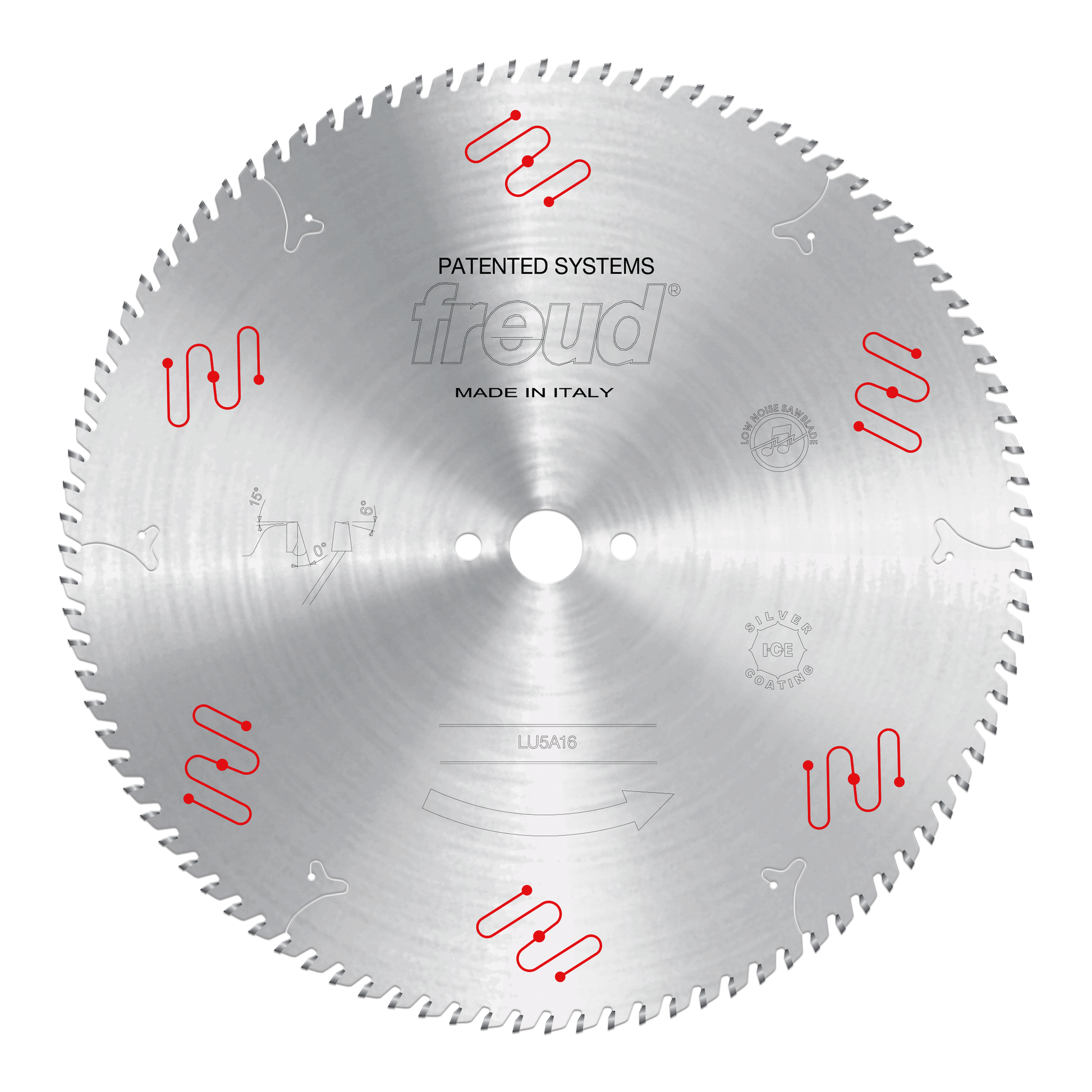 Circular saw blade with carbide teeth around perimeter, central arbor hole, and "Freud" branding with red curved line marking