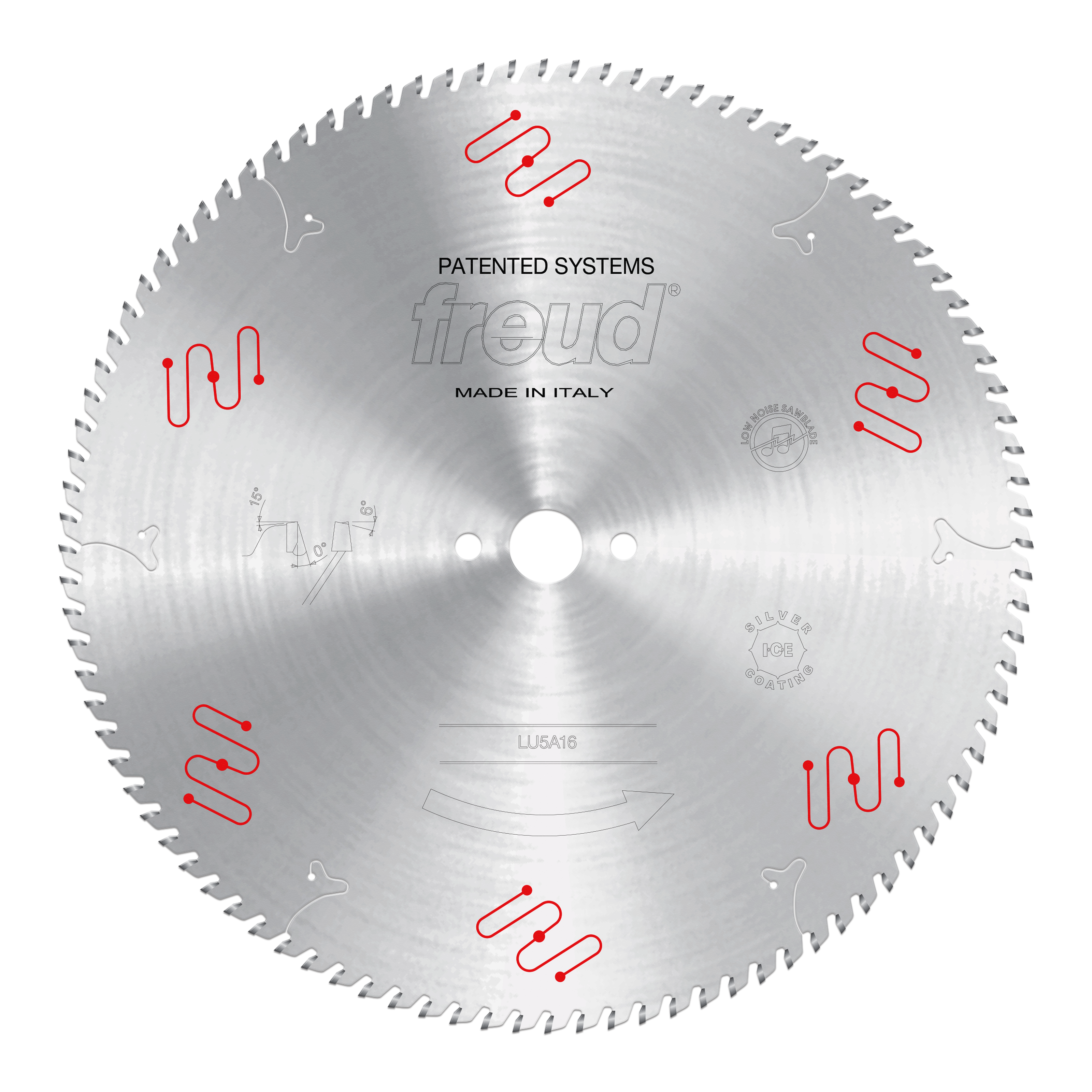 Circular saw blade with carbide teeth around perimeter, central arbor hole, and "Freud" branding with red curved line marking