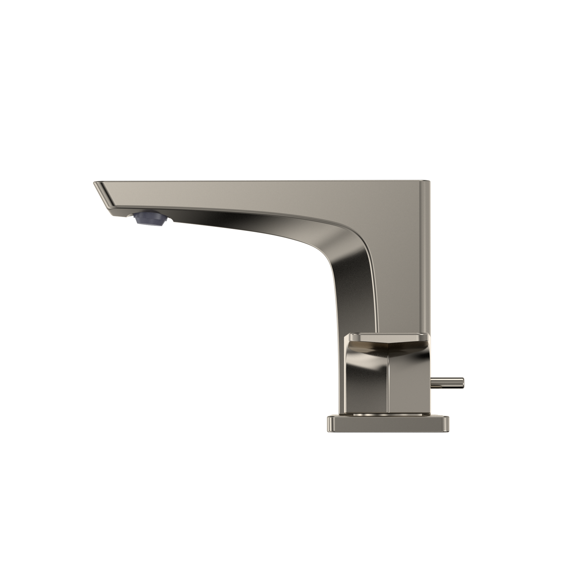 Polished nickel single-spout bathroom faucet with curved arm and square base, one handle visible on right side.