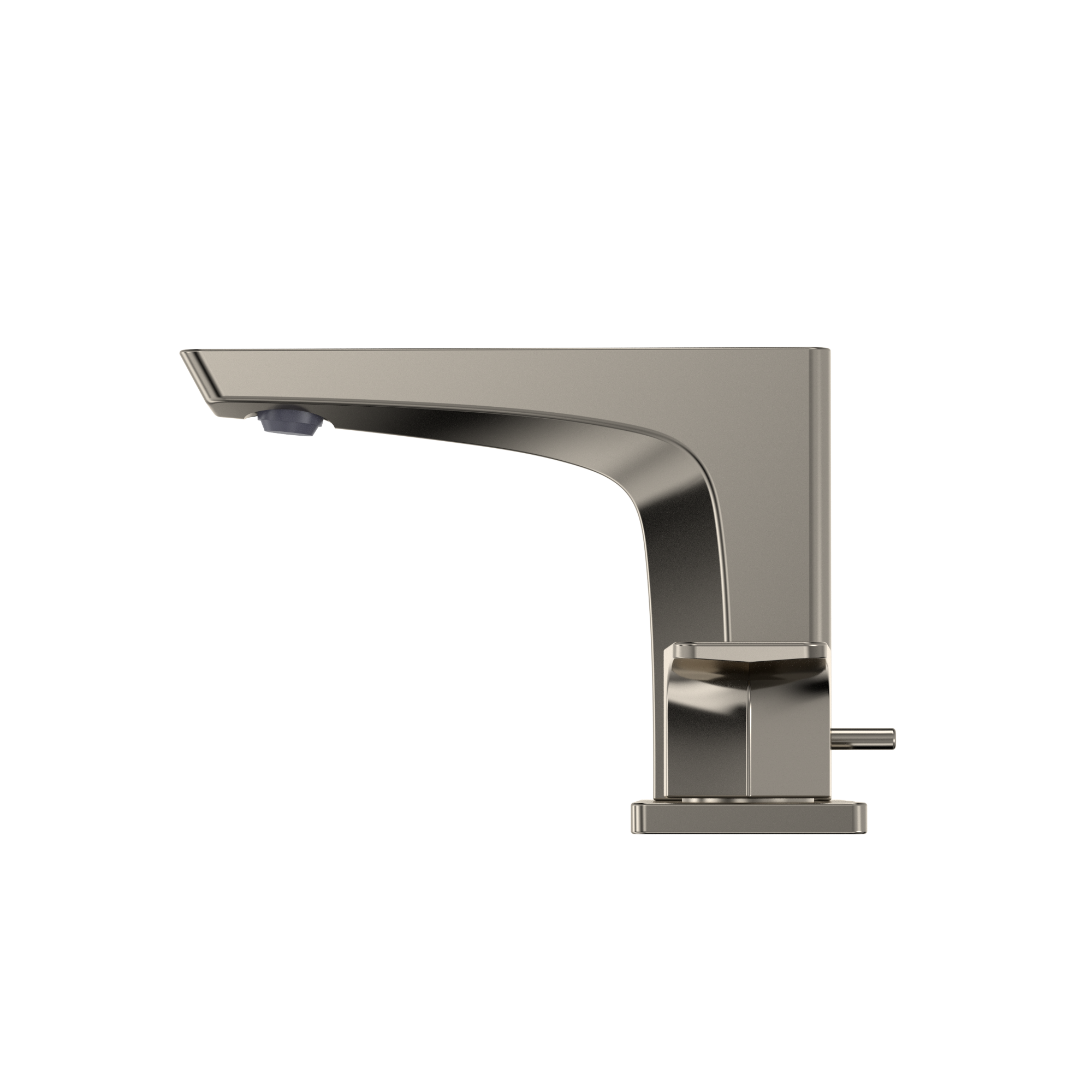 Polished nickel single-spout bathroom faucet with curved arm and square base, one handle visible on right side.