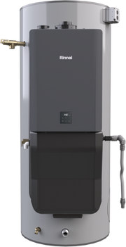 Rinnai hybrid water heater with 80-gallon silver and black tank, control panel, and brass connection fittings.