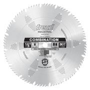 Freud 16-inch combination saw blade with 80 teeth, labeled for ripping and crosscutting, made in Italy.