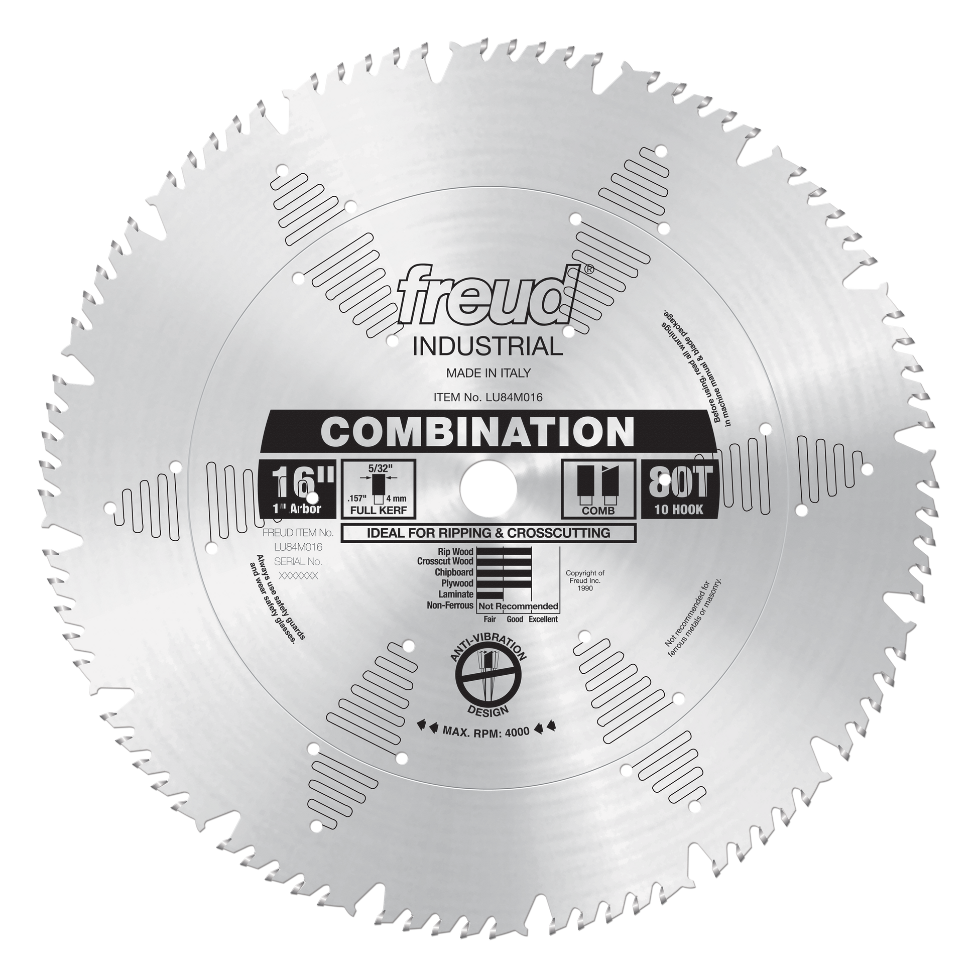 Freud 16-inch combination saw blade with 80 teeth, labeled for ripping and crosscutting, made in Italy.