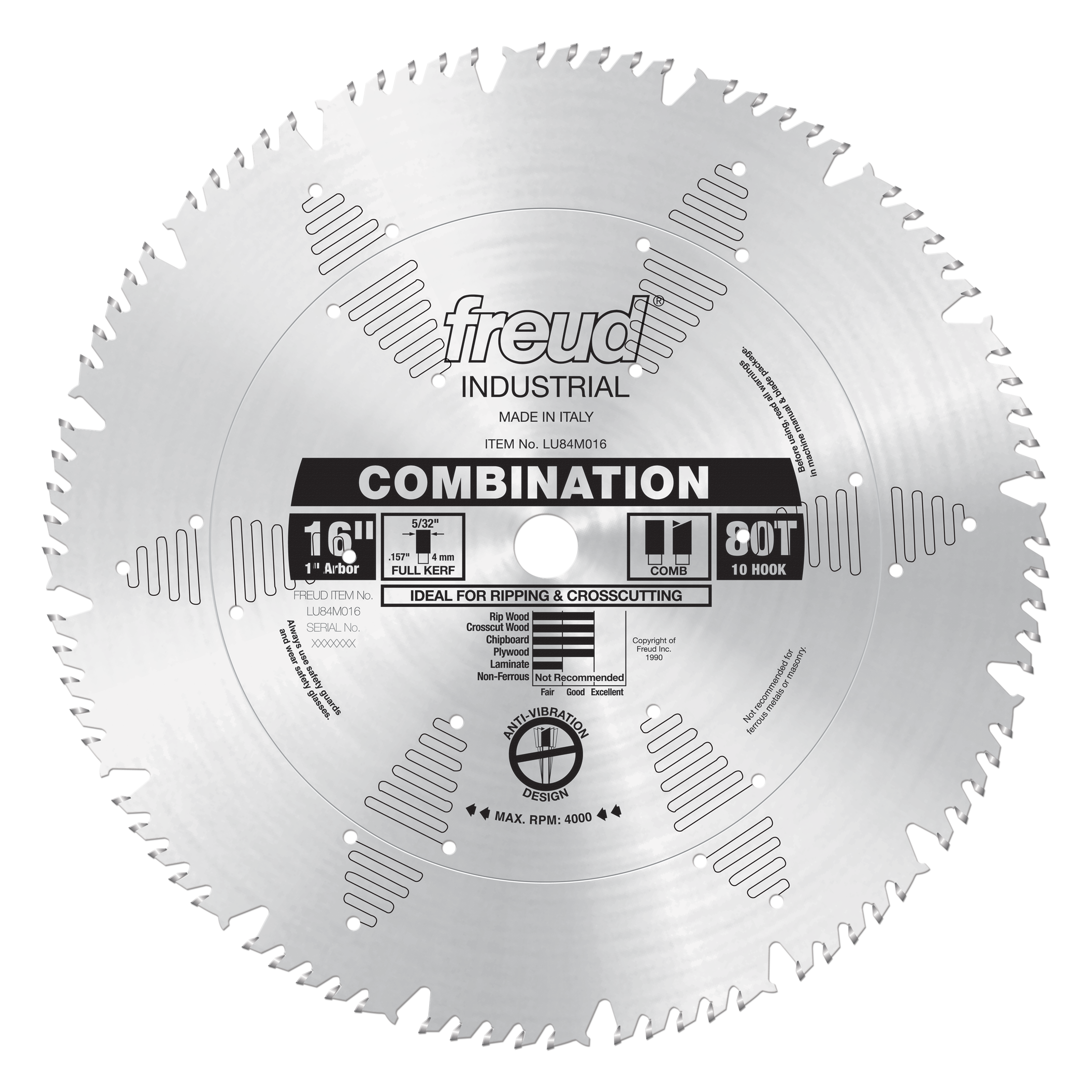 Freud 16-inch combination saw blade with 80 teeth, labeled for ripping and crosscutting, made in Italy.