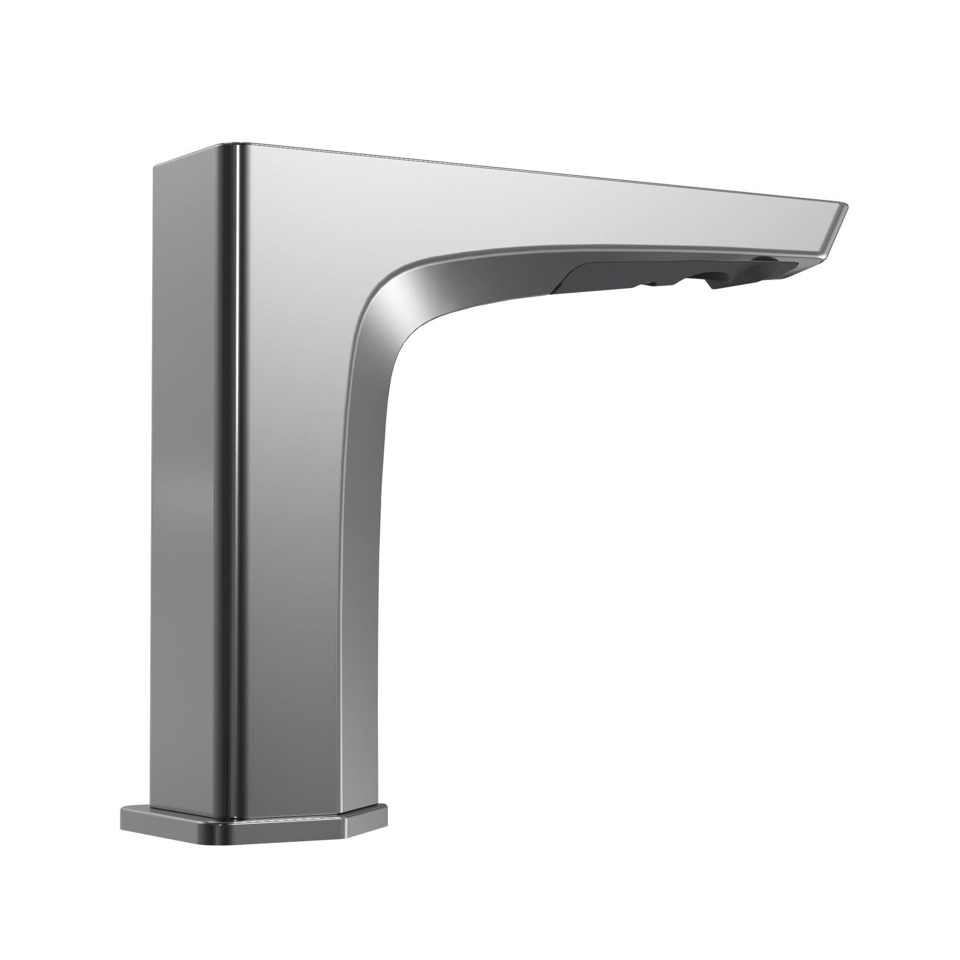 Polished chrome touchless bathroom faucet with curved spout and rectangular base.
