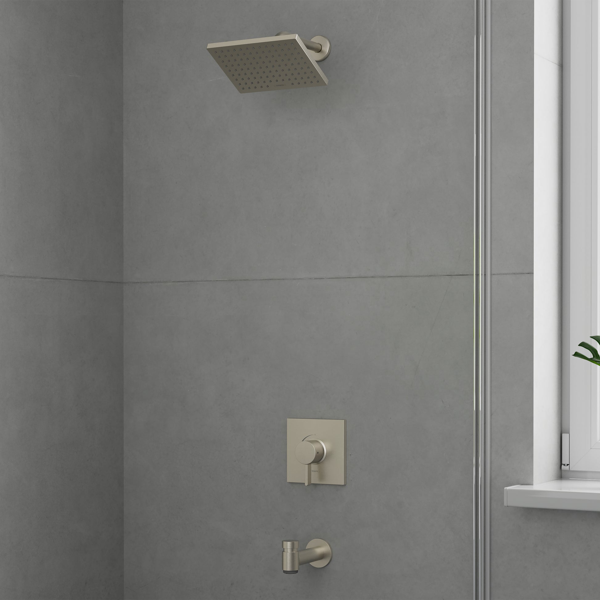 Brushed nickel tub and shower set with square rainfall showerhead, wall-mounted control valve, and tub spout.