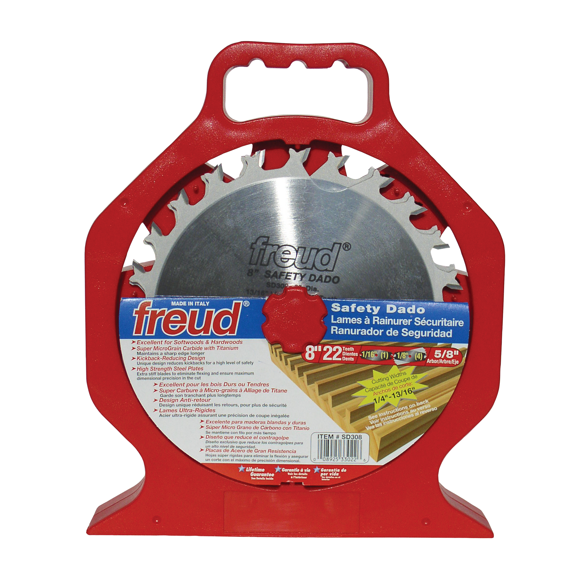 Freud SD308 8-inch safety dado blade set with red carrying case and labeled specifications.