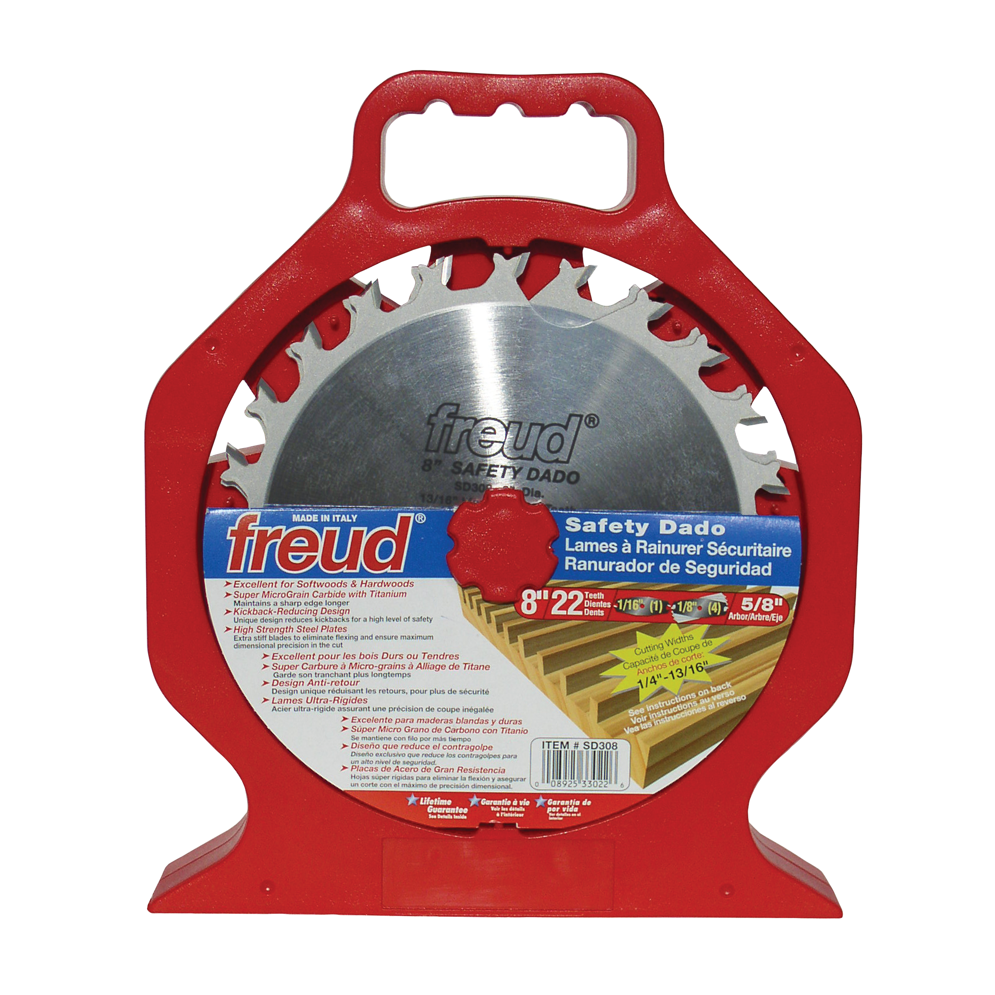 Freud SD308 8-inch safety dado blade set with red carrying case and labeled specifications.
