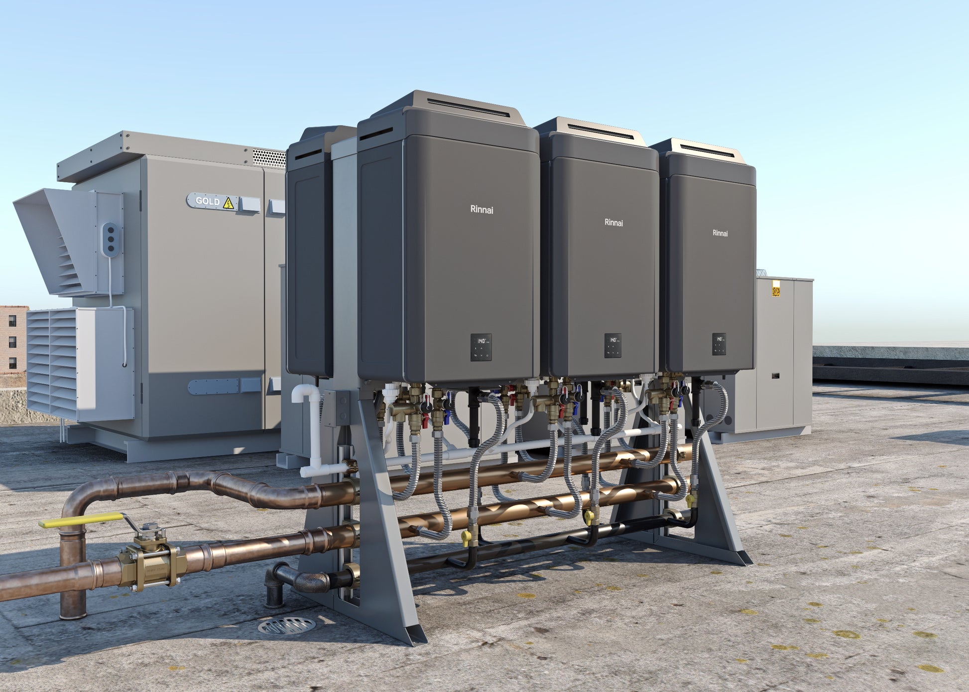 Rinnai tankless water heater rack system with six dark units mounted on metal frame with copper piping connections on rooftop