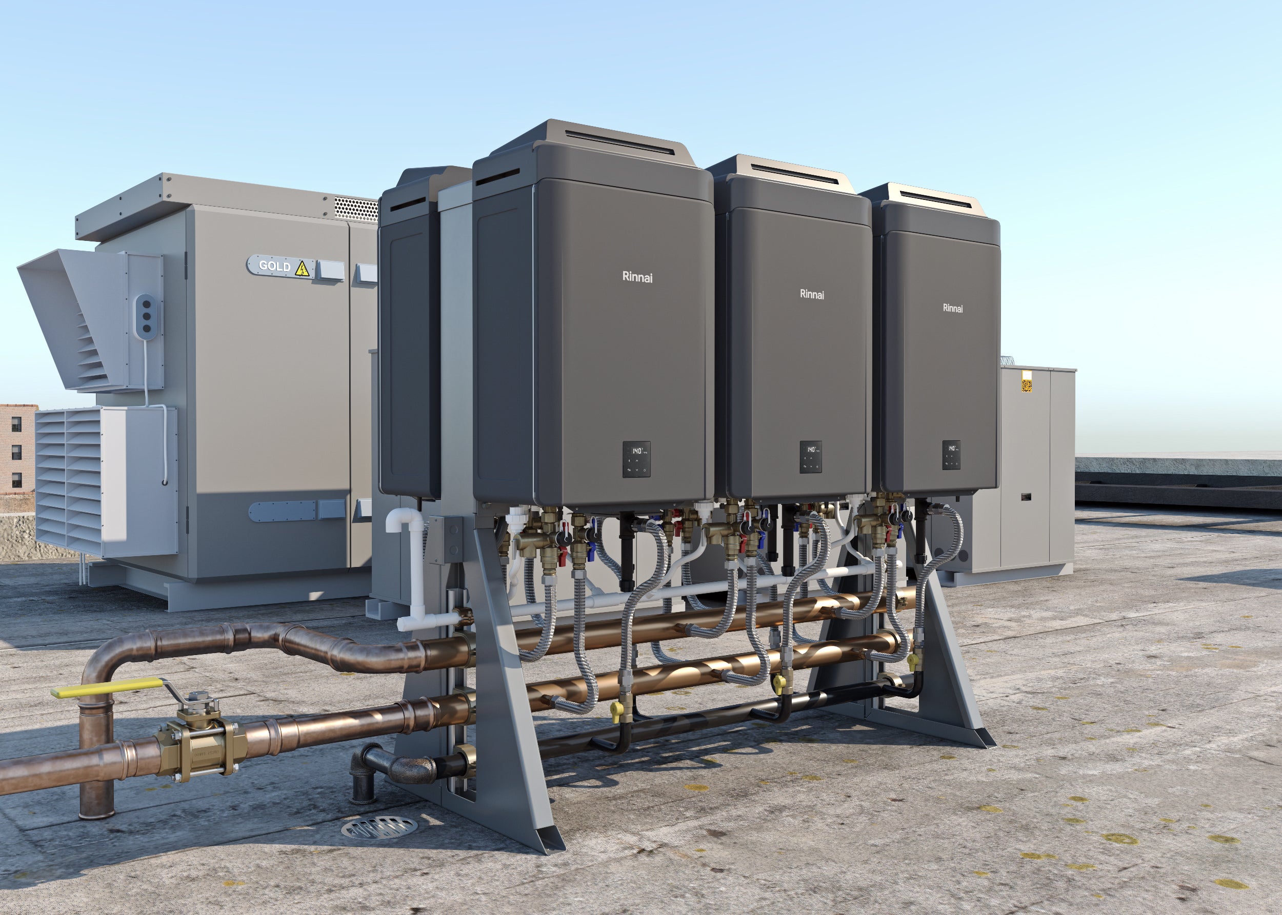 Rinnai tankless water heater rack system with six dark units mounted on metal frame with copper piping connections on rooftop
