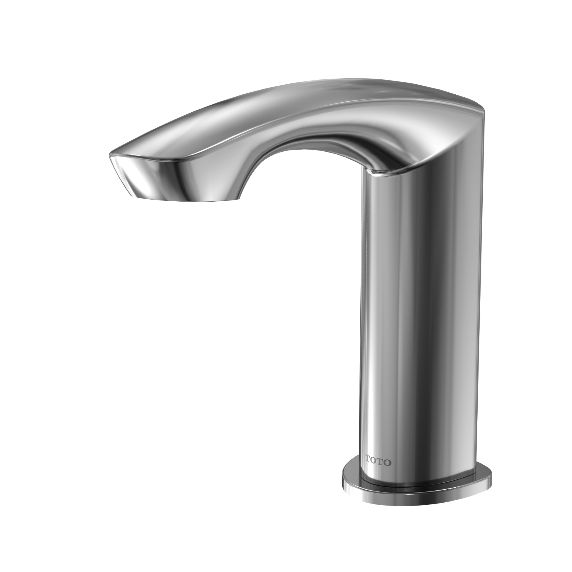 Polished chrome touchless bathroom faucet with curved spout and tall cylindrical base.