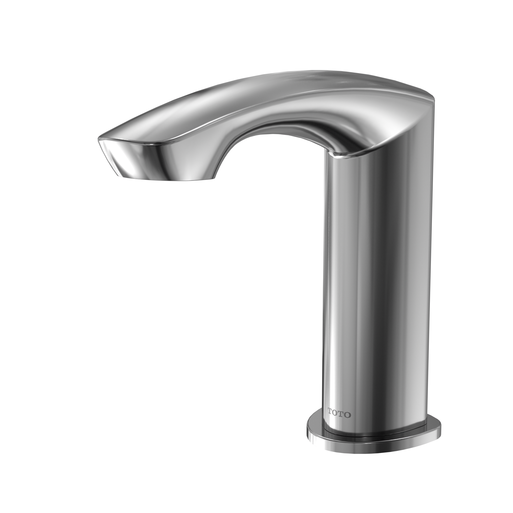 Polished chrome touchless bathroom faucet with curved spout and tall cylindrical body.