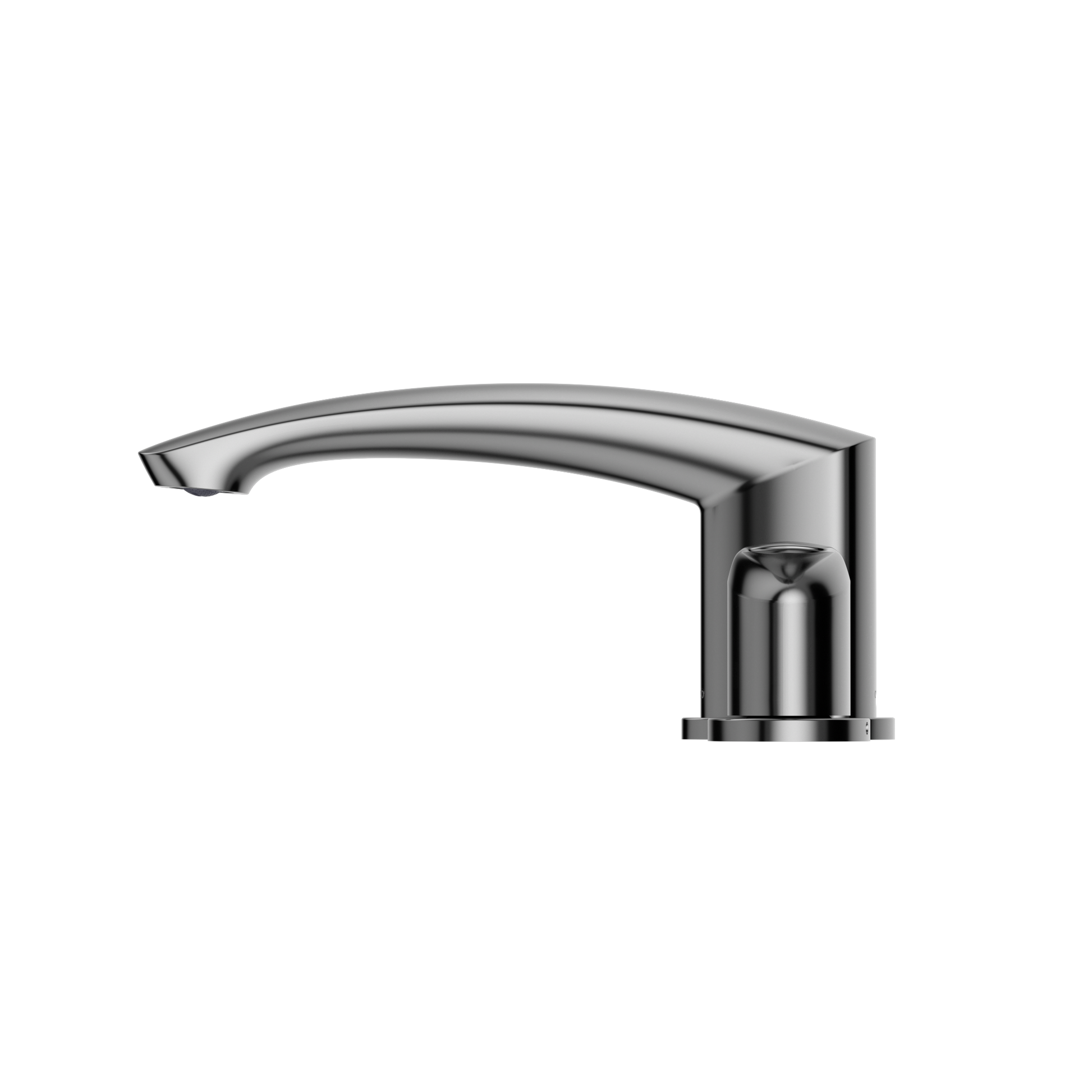 Polished chrome roman tub filler spout with curved arch and single control handle.