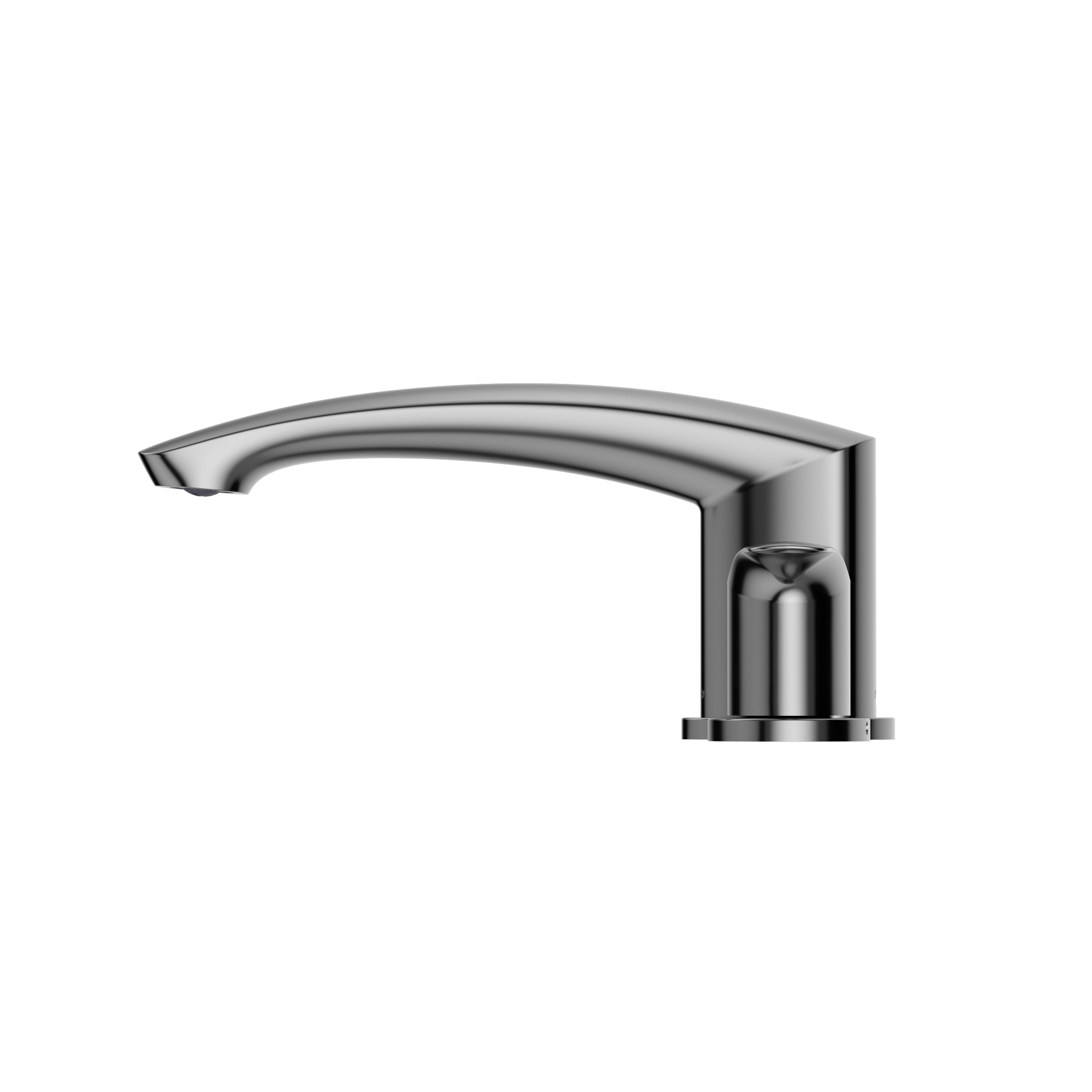 Polished chrome roman tub filler spout with curved arch and single control handle.