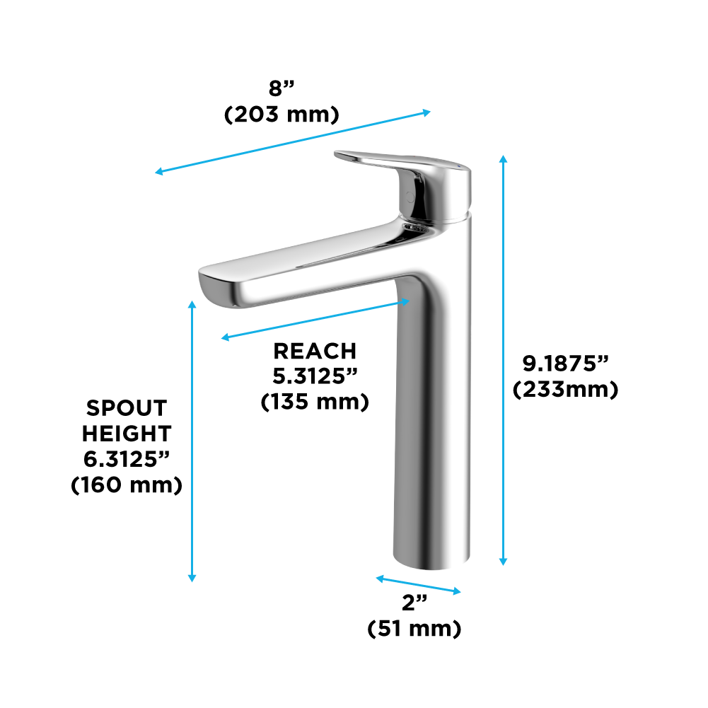 Polished nickel single-handle bathroom sink faucet with curved spout and dimensions labeled.