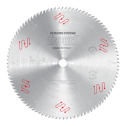 Freud LU5A20 circular saw blade with fine teeth around perimeter, center bore, and red mechanical clamping symbols printed on