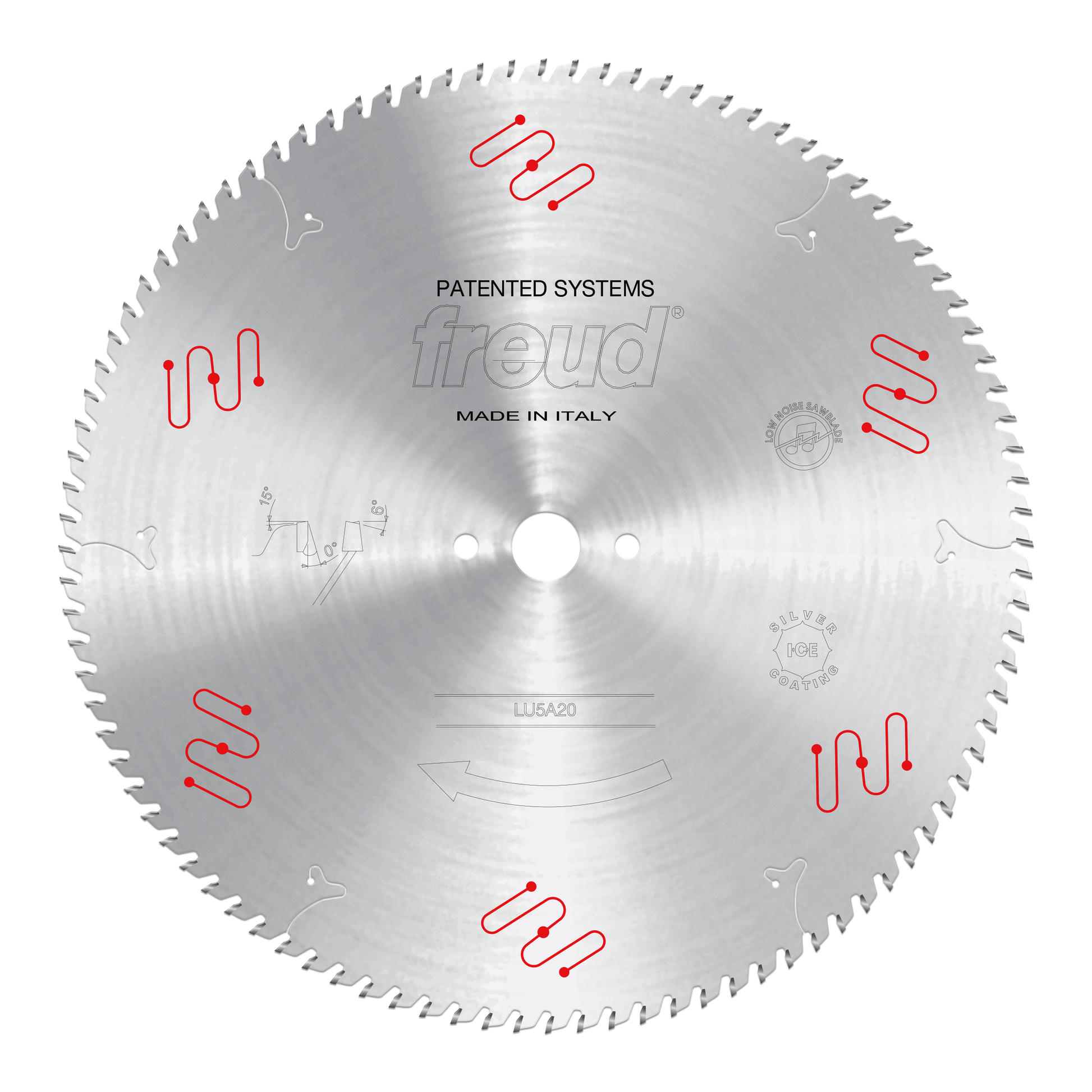 Freud LU5A20 circular saw blade with fine teeth around perimeter, center bore, and red mechanical clamping symbols printed on