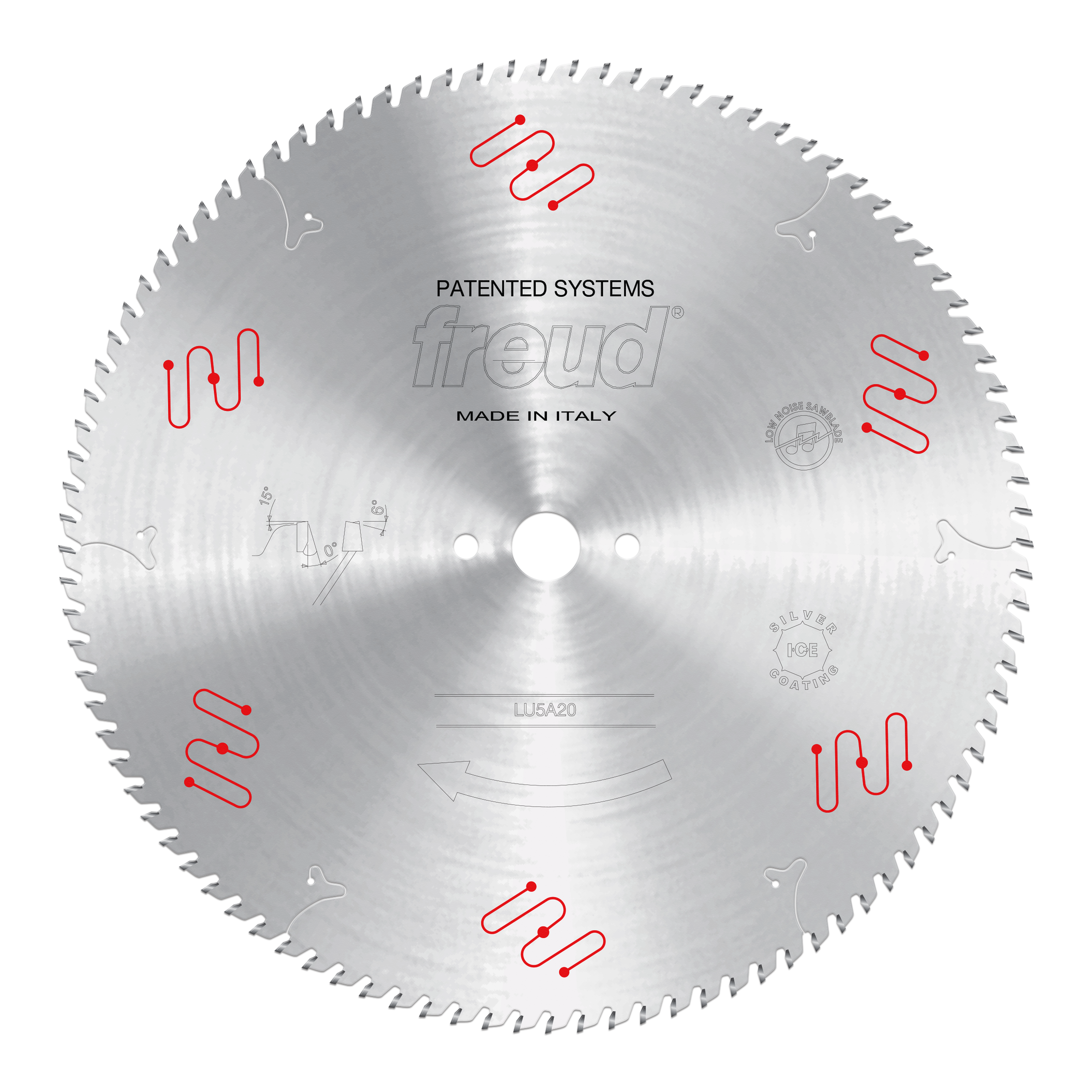 Freud LU5A20 circular saw blade with fine teeth around perimeter, center bore, and red mechanical clamping symbols printed on